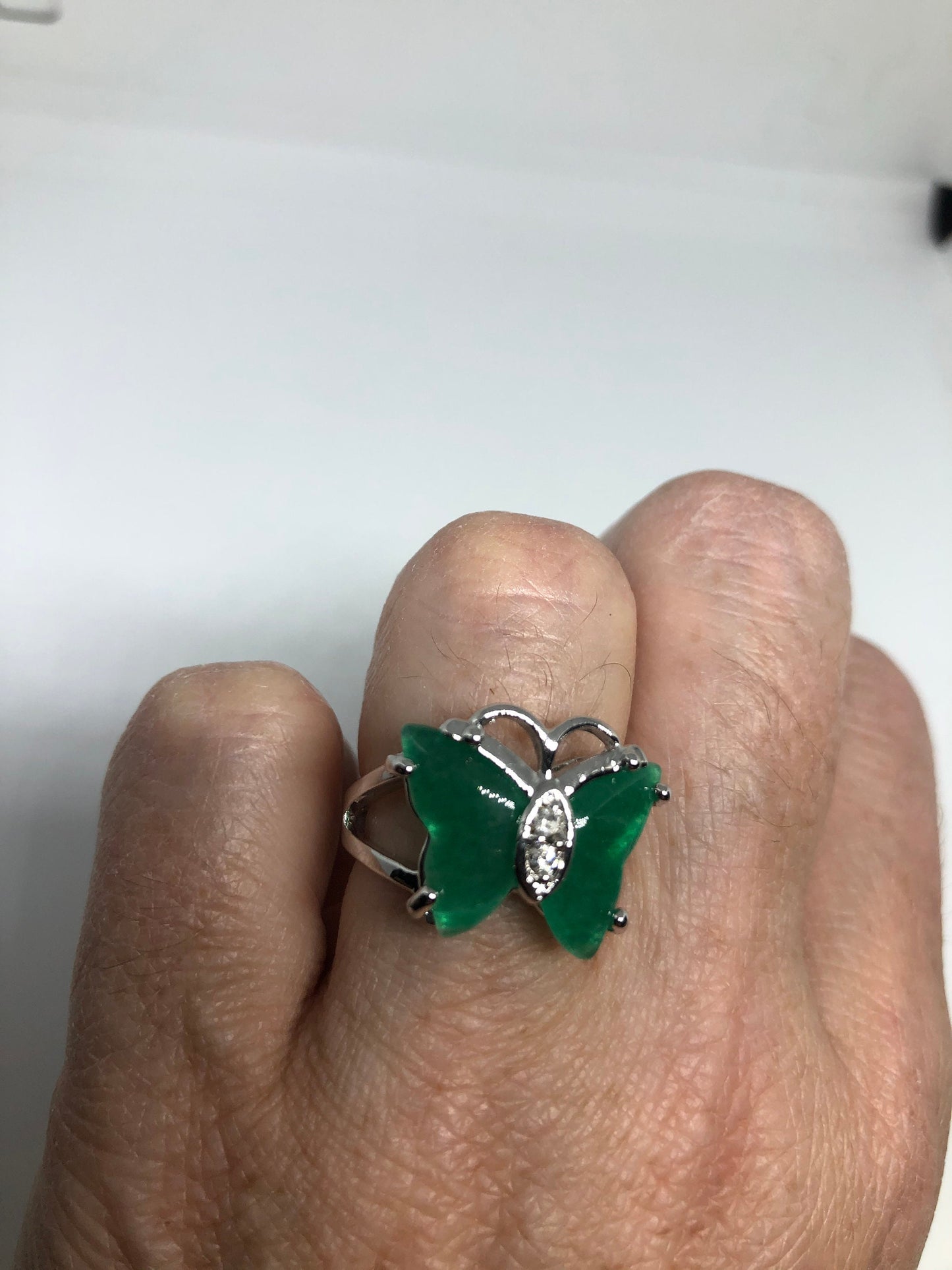 Vintage Lucky Green Nephrite Jade Butterfly ring