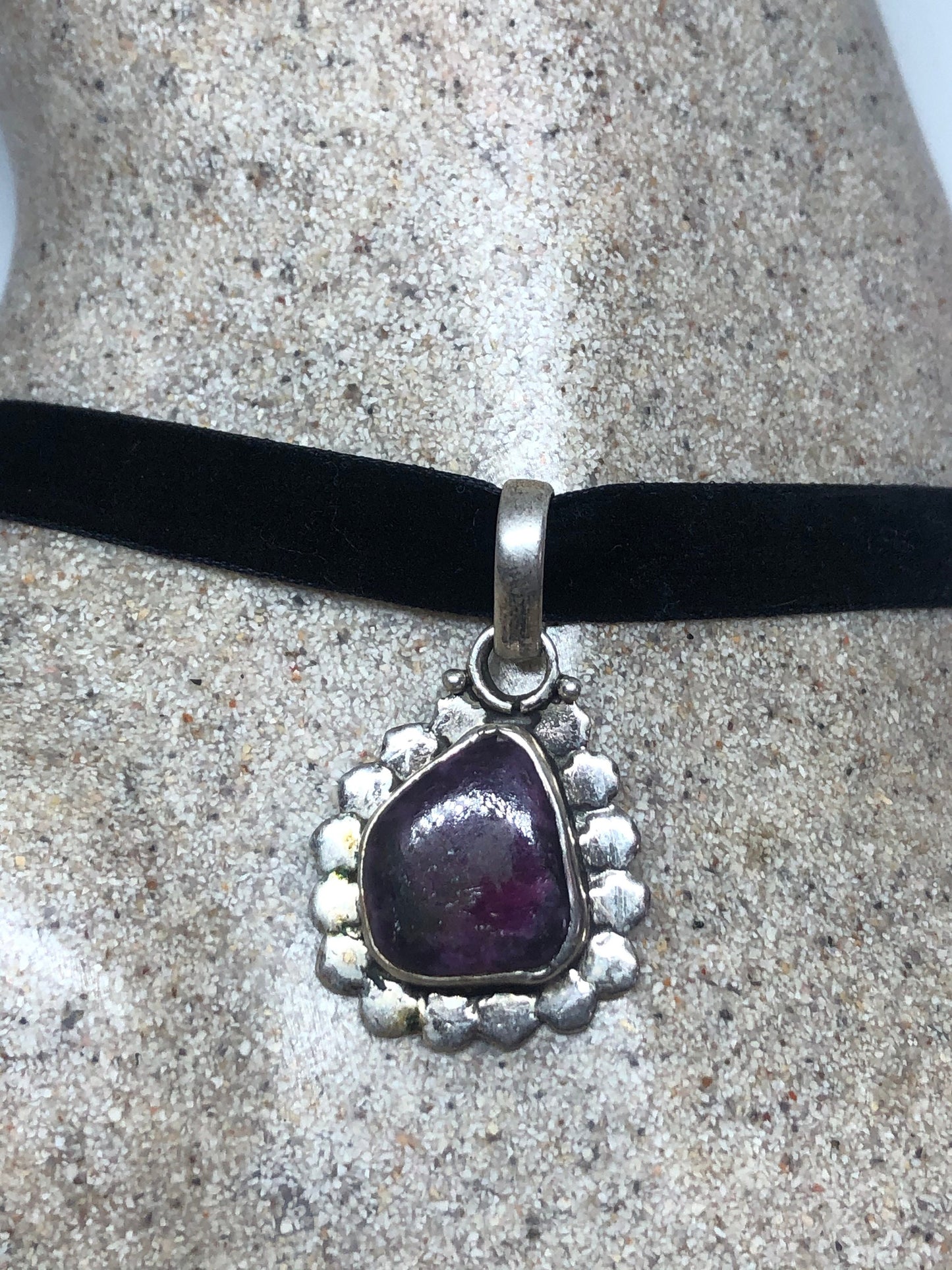 Vintage Pink Raw Ruby Choker 925 Sterling Silver Pendant Necklace