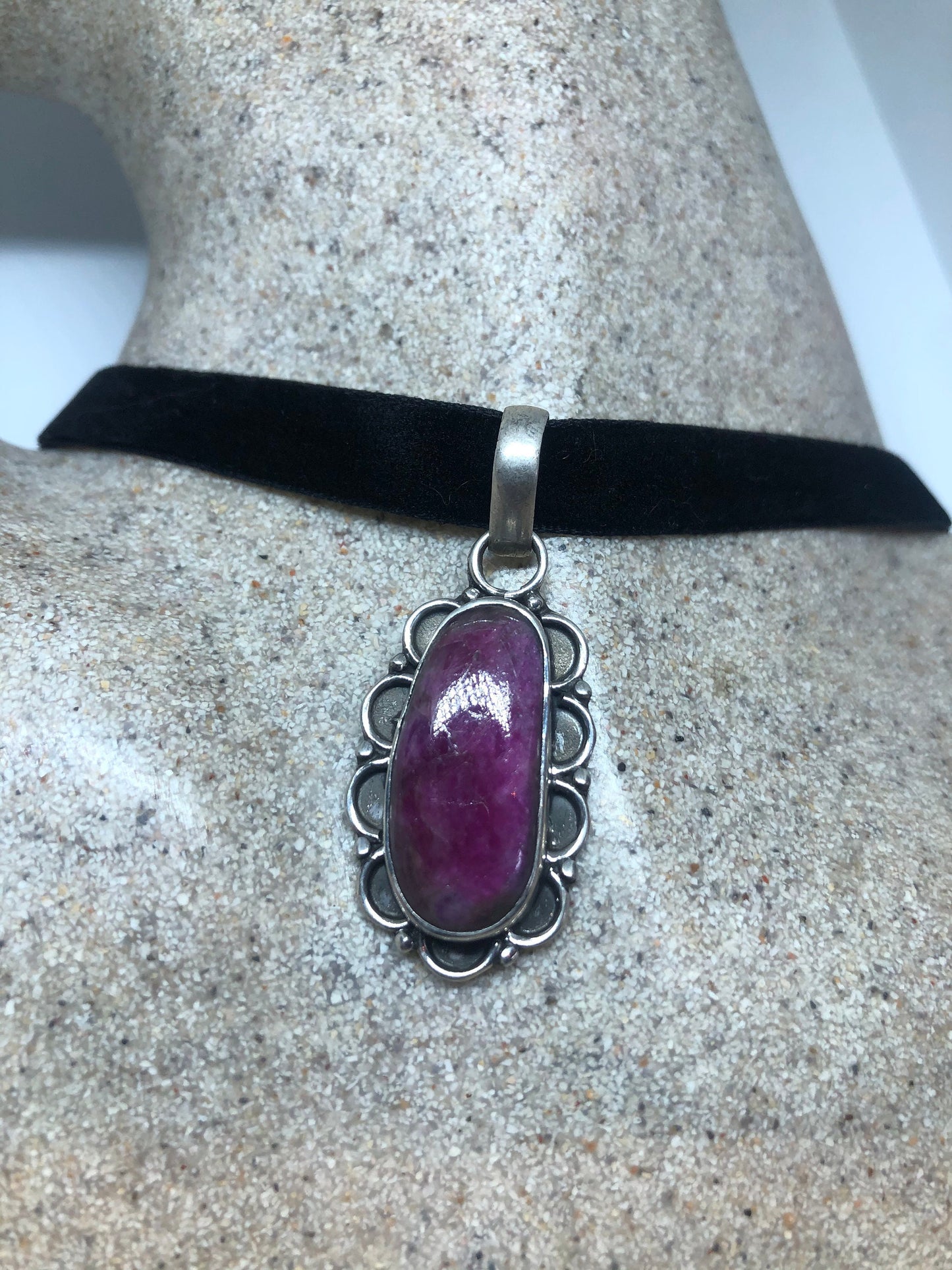 Vintage Pink Raw Ruby Choker 925 Sterling Silver Pendant Necklace