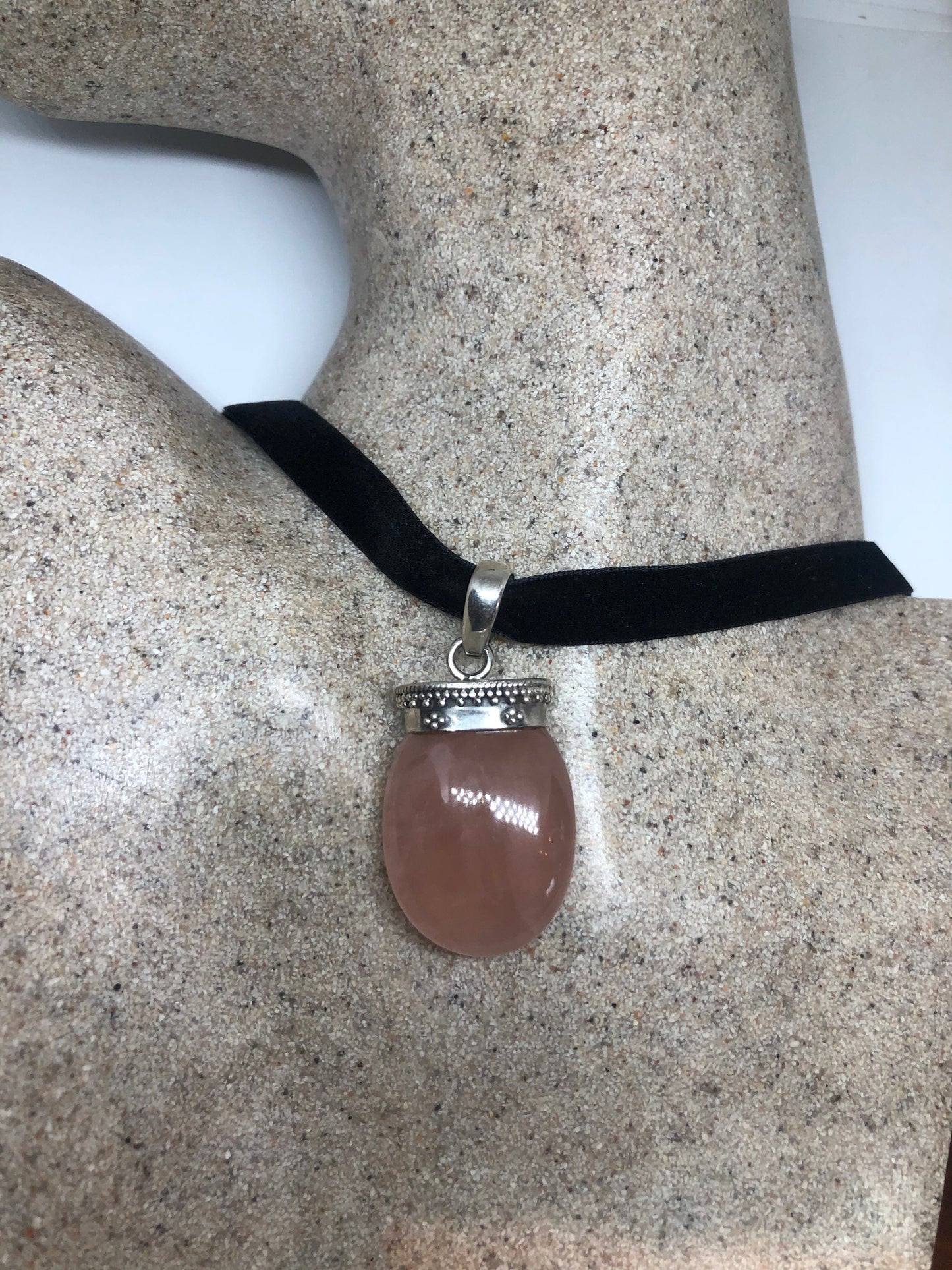 Vintage Rose Quartz Choker 925 Sterling Silver Pendant Necklace