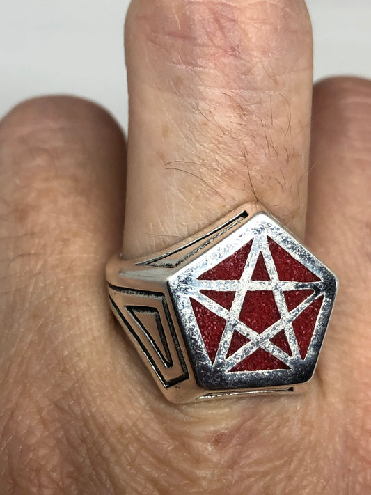 Vintage Gothic Red Pentacle Star Mens Ring