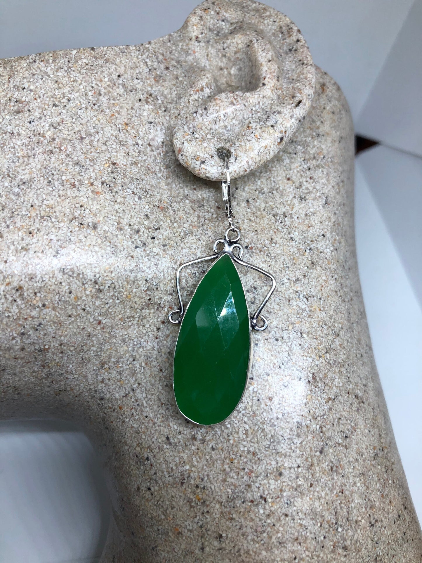 Vintage Green Chalcedony Gemstone Sterling Silver Lever Back Chandelier Earrings