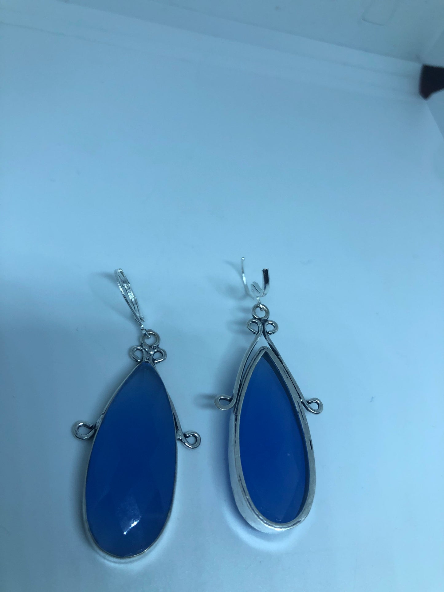 Vintage Blue Chalcedony Gemstone Sterling Silver Lever Back Chandelier Earrings
