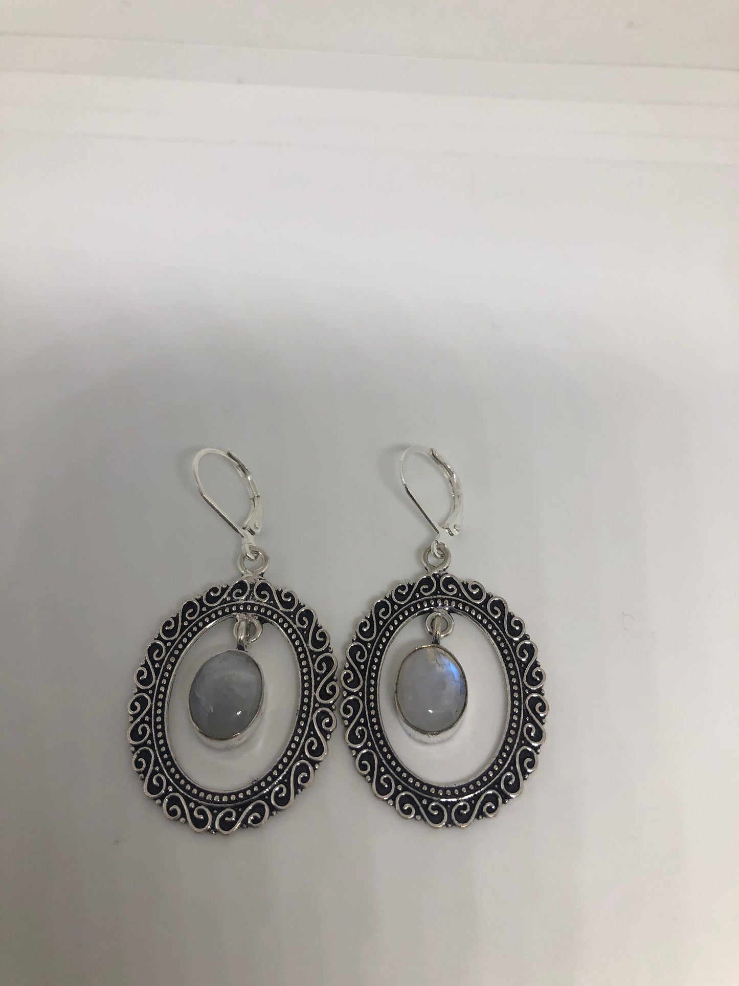 Vintage Rainbow Moonstone Sterling Silver Lever Back Dangle Earrings