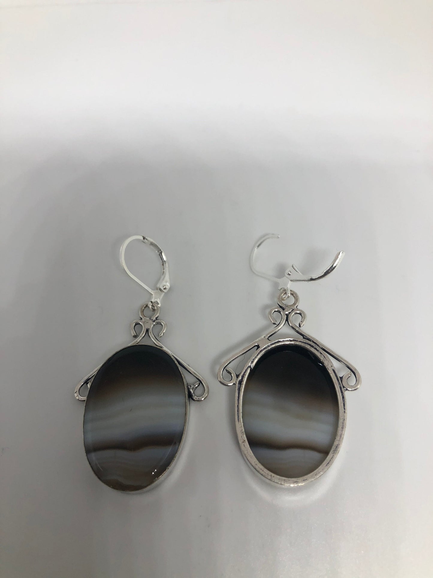 Antique Vintage Black Agate Striped Onyx Silver Dangle Earrings