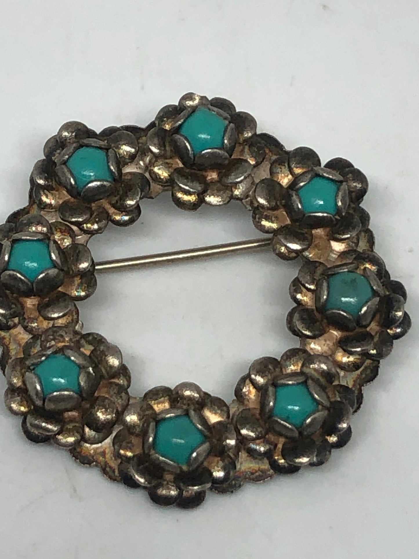 Vintage Turquoise Flower 925 Sterling Silver Brooch Pin