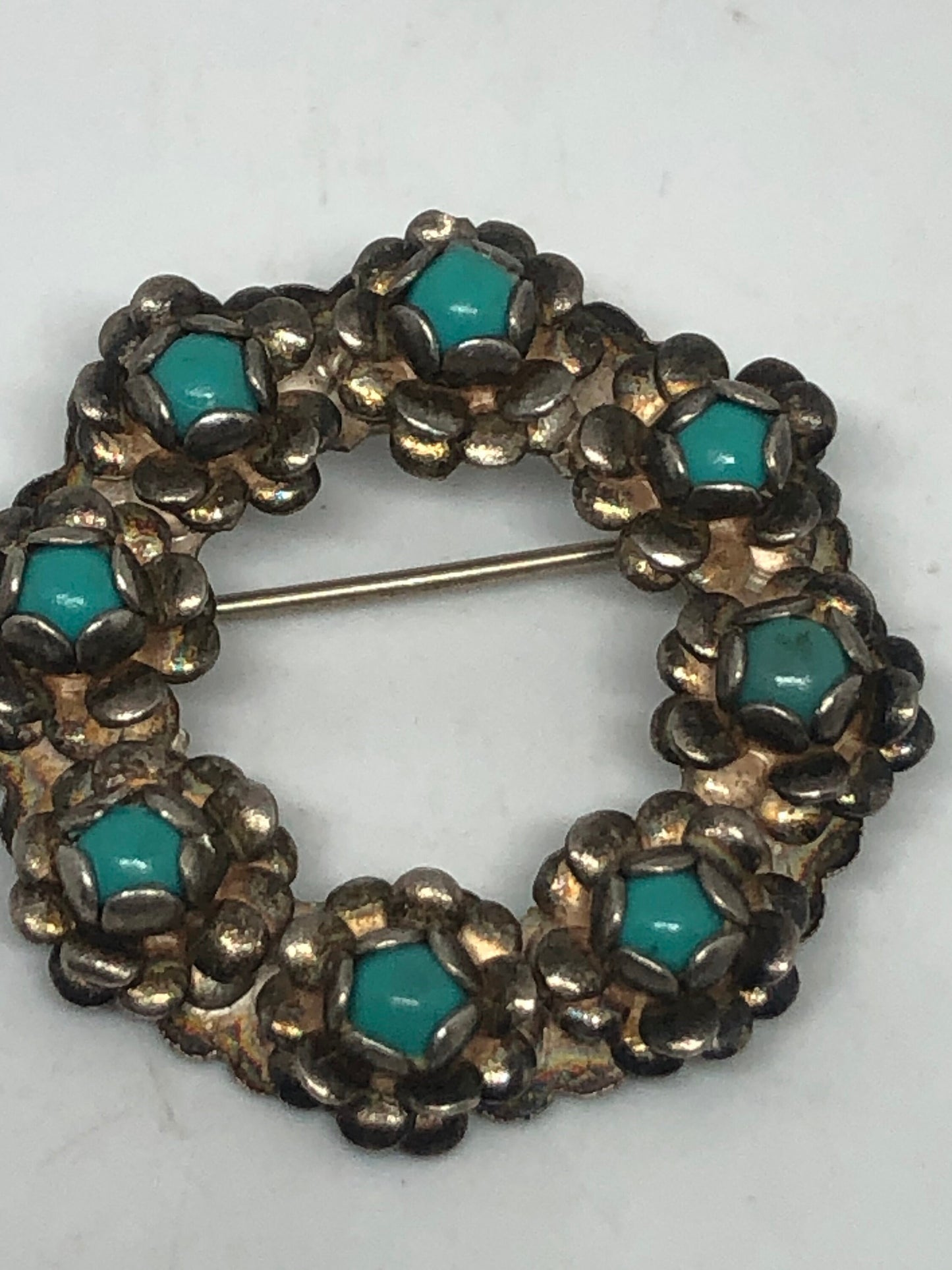 Vintage Turquoise Flower 925 Sterling Silver Brooch Pin