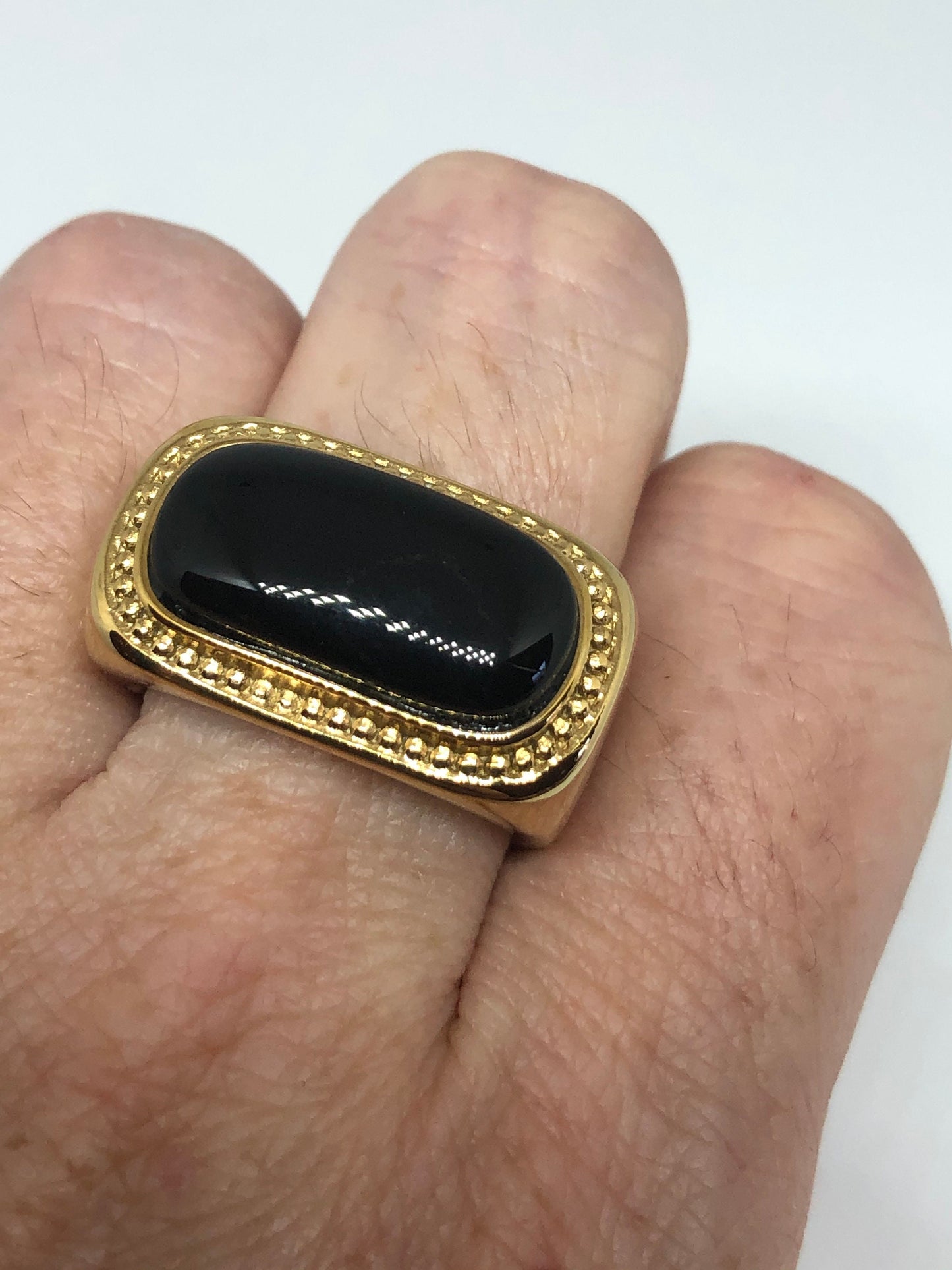 Vintage Black Onyx Golden Stainless Steel Mens Ring