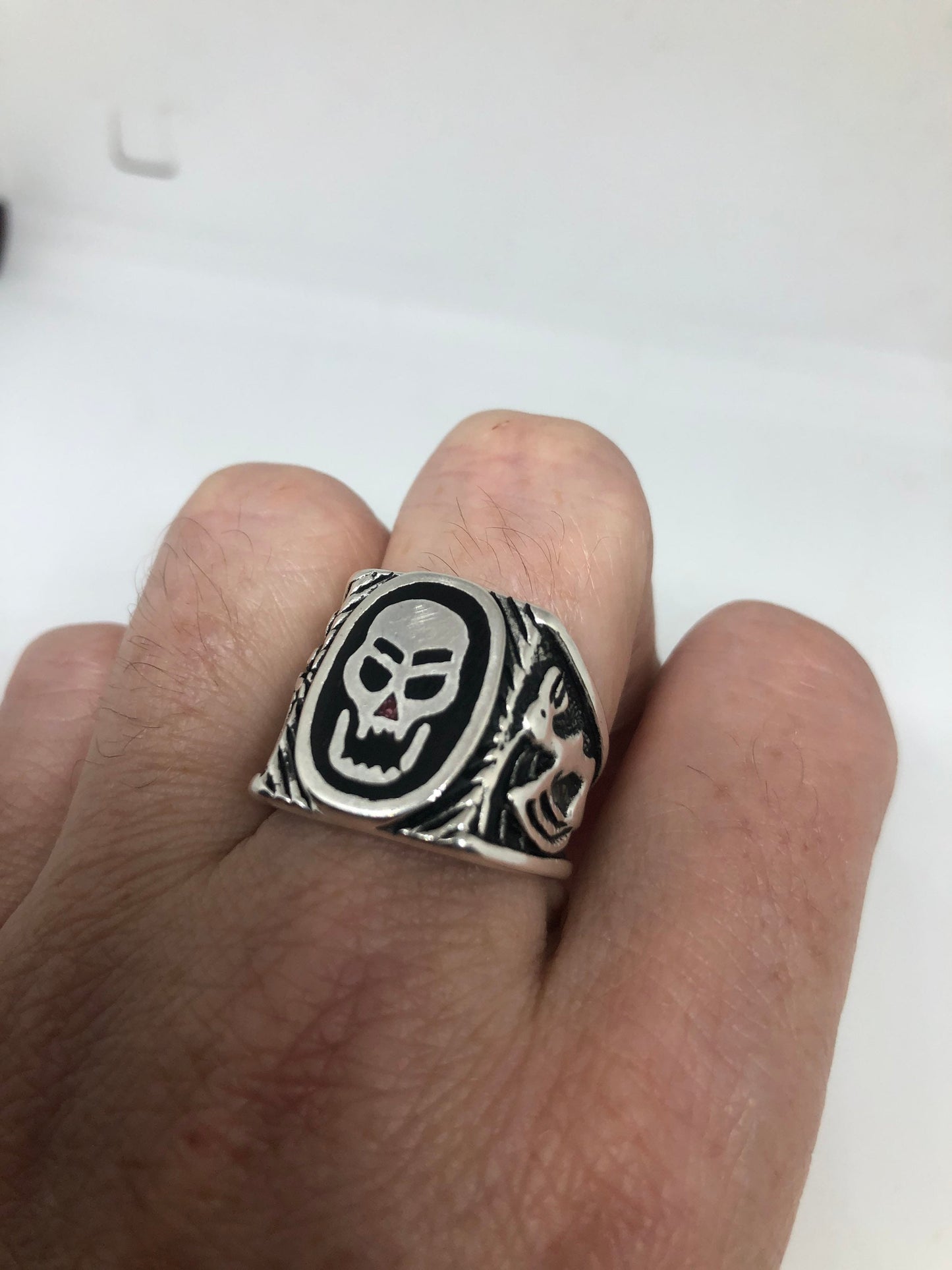 Vintage Southwestern Skull Ring in White Bronze with Black Stone Inlay