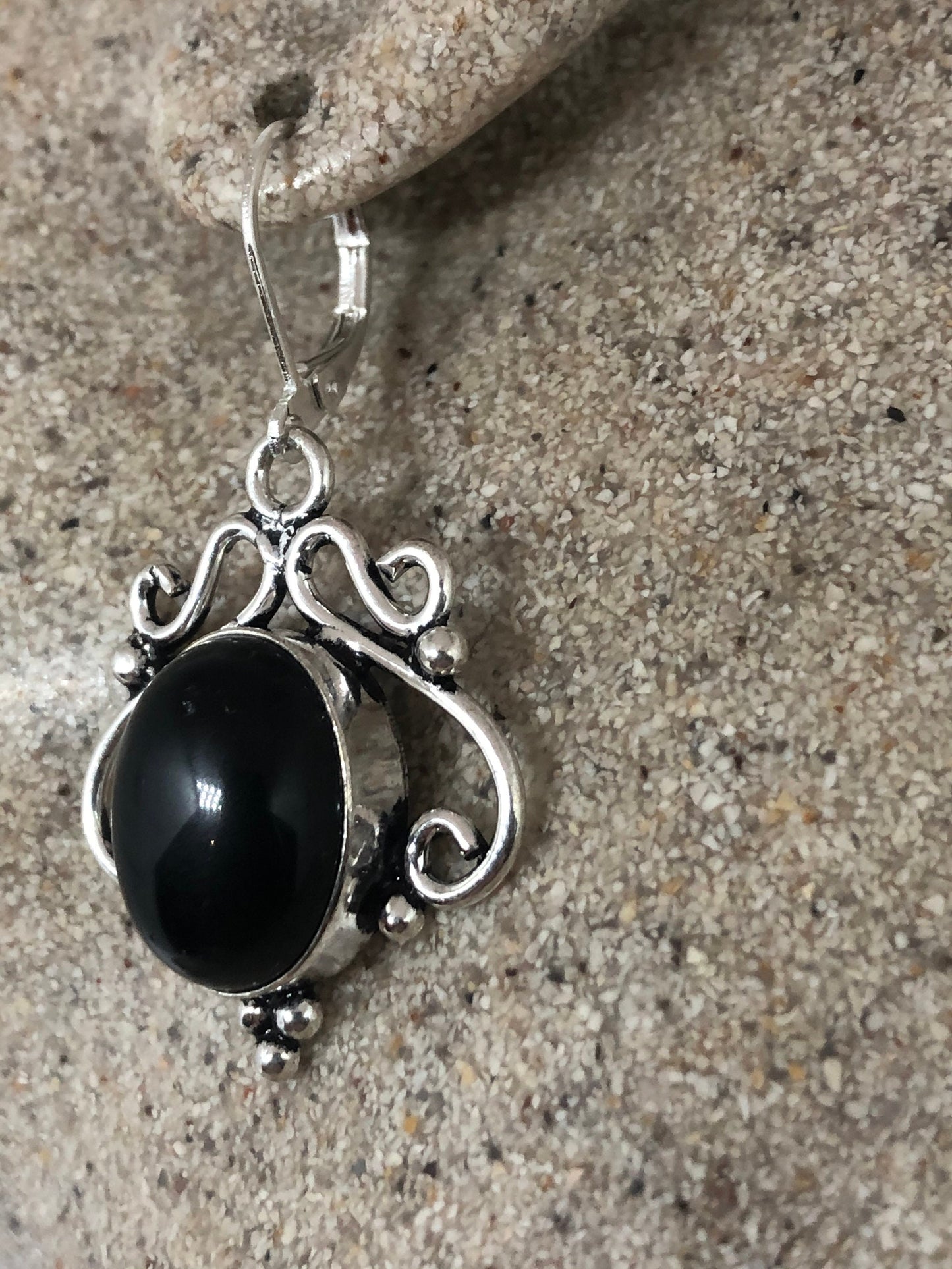 Vintage Genuine Black Onyx 925 Sterling Silver Deco Dangle Earrings