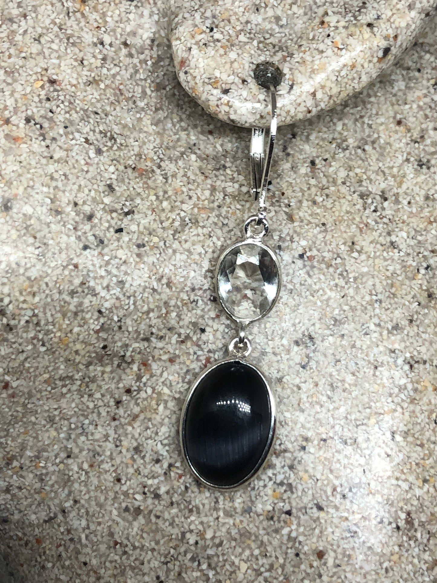 Vintage Lab Black Cats Eye 925 Sterling Silver Deco Dangle Earrings