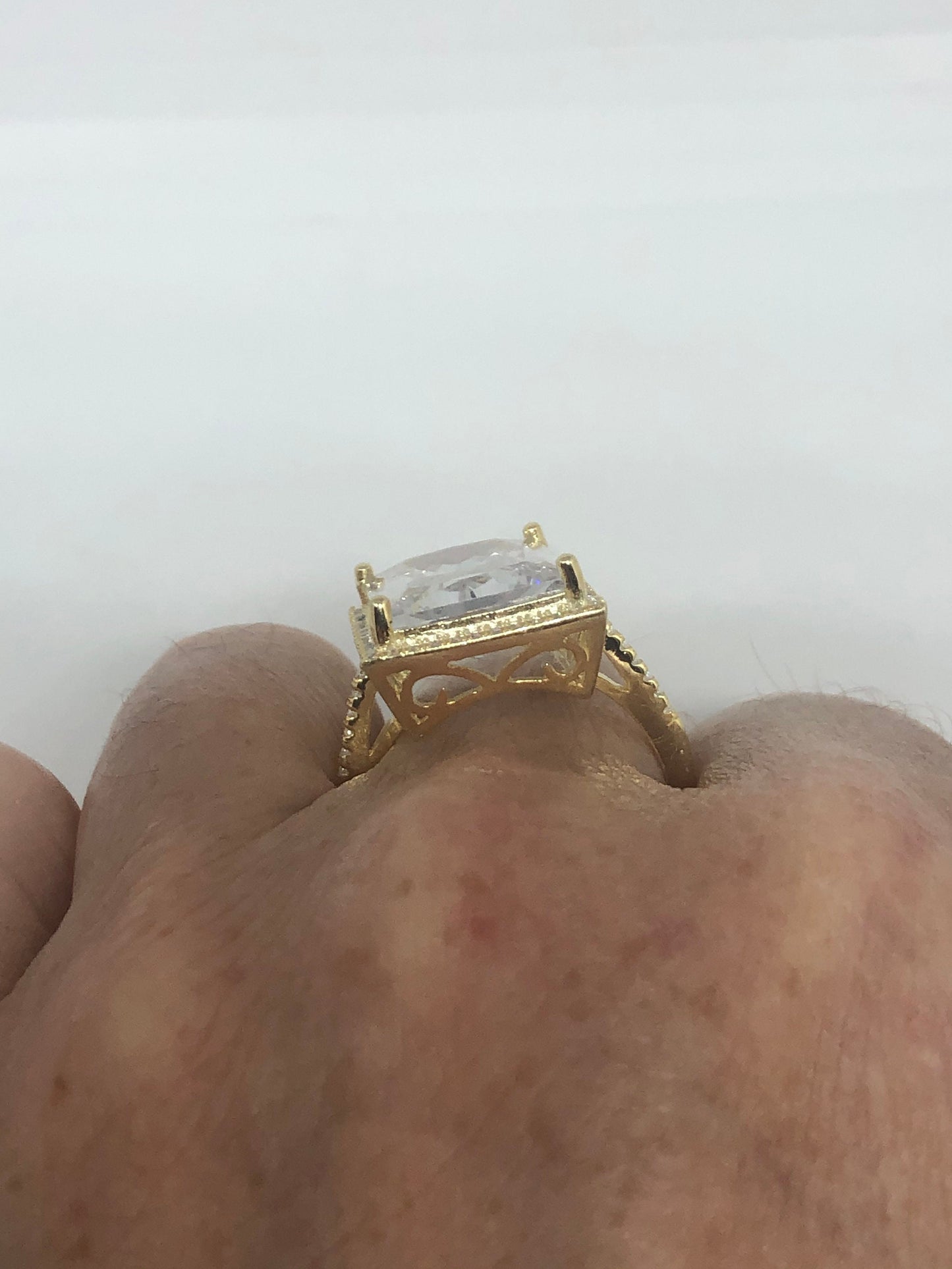 Vintage Cubic Zirconia Crystal Golden Sterling Silver Ring Size 9