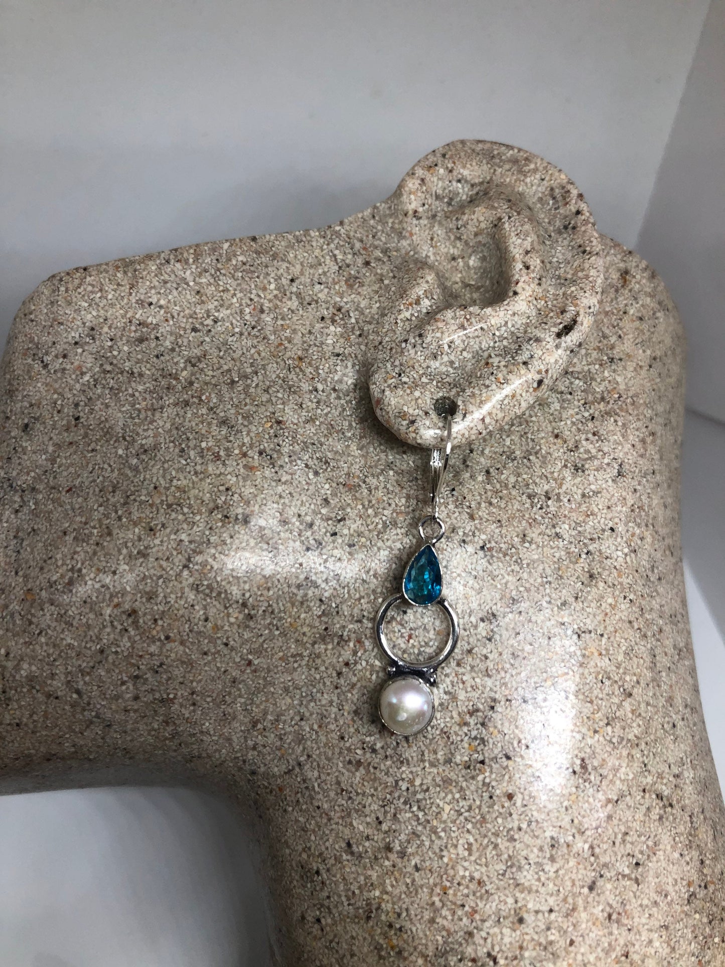 Vintage Silver Dangle Earrings | Blue Chalcedony, Pearl, Lever Back