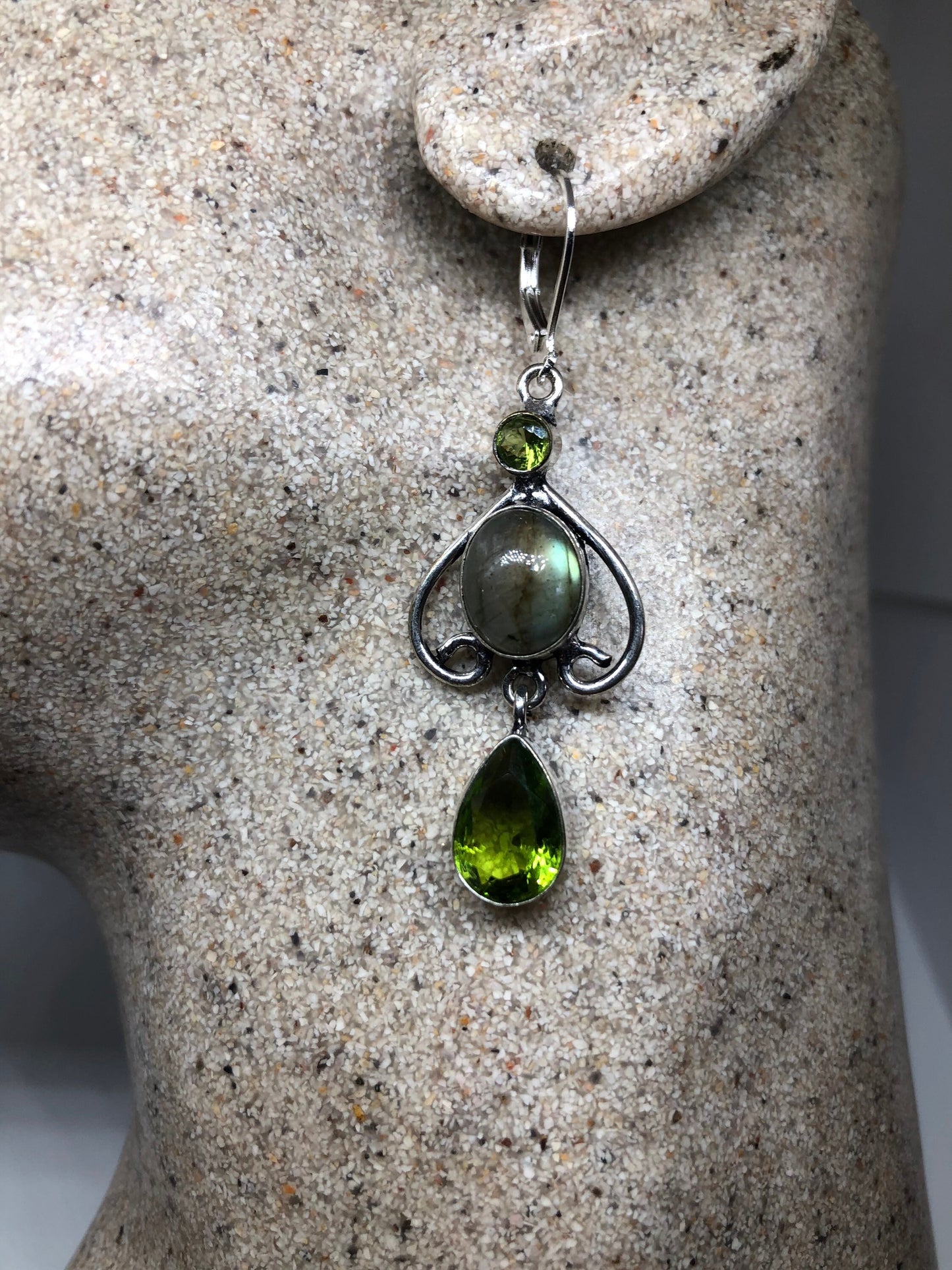 Antique Vintage Green Peridot Labradorite Silver Dangle Earrings