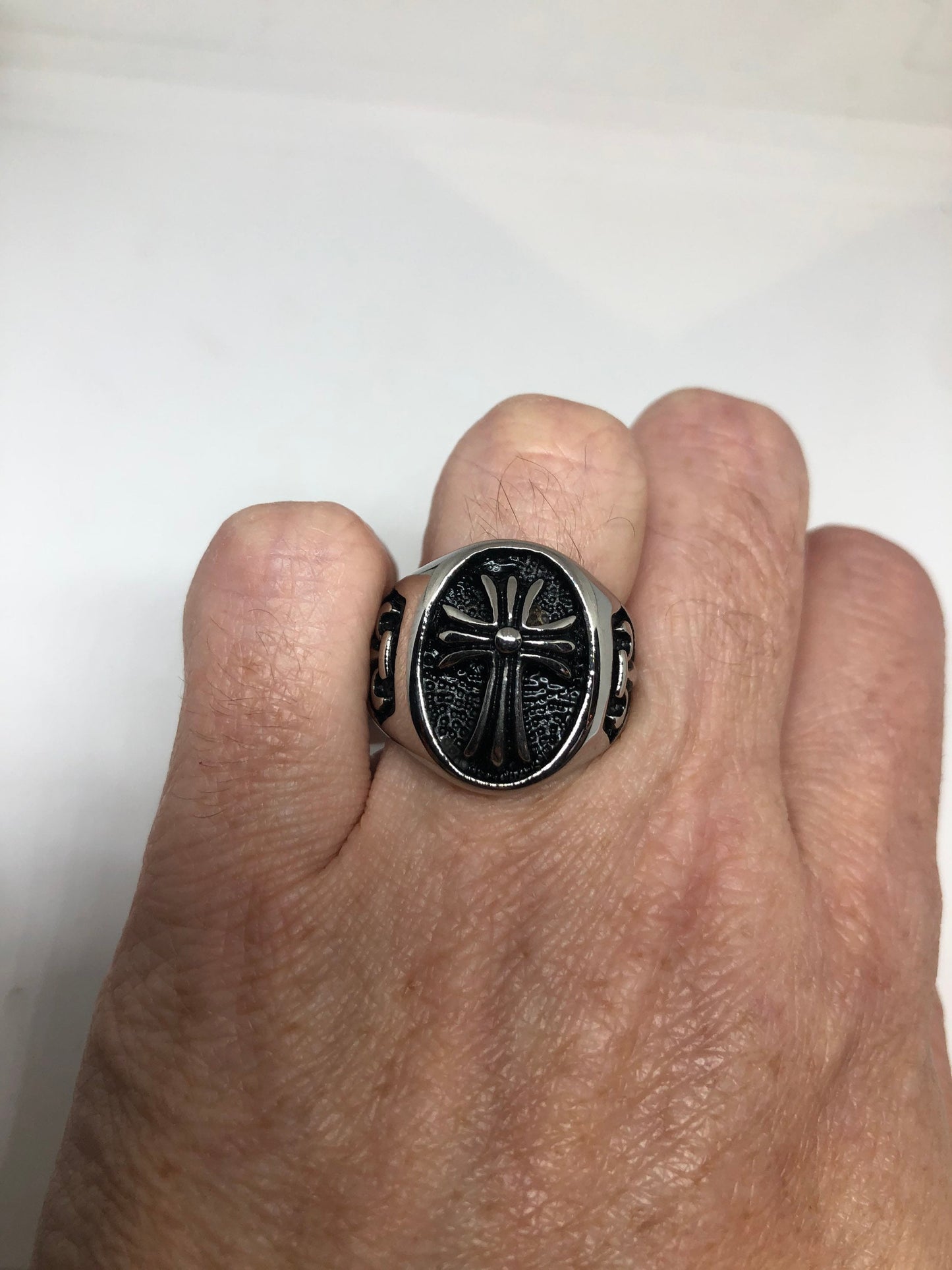 Vintage Gothic Cross Mens Ring Silver Stainless Steel