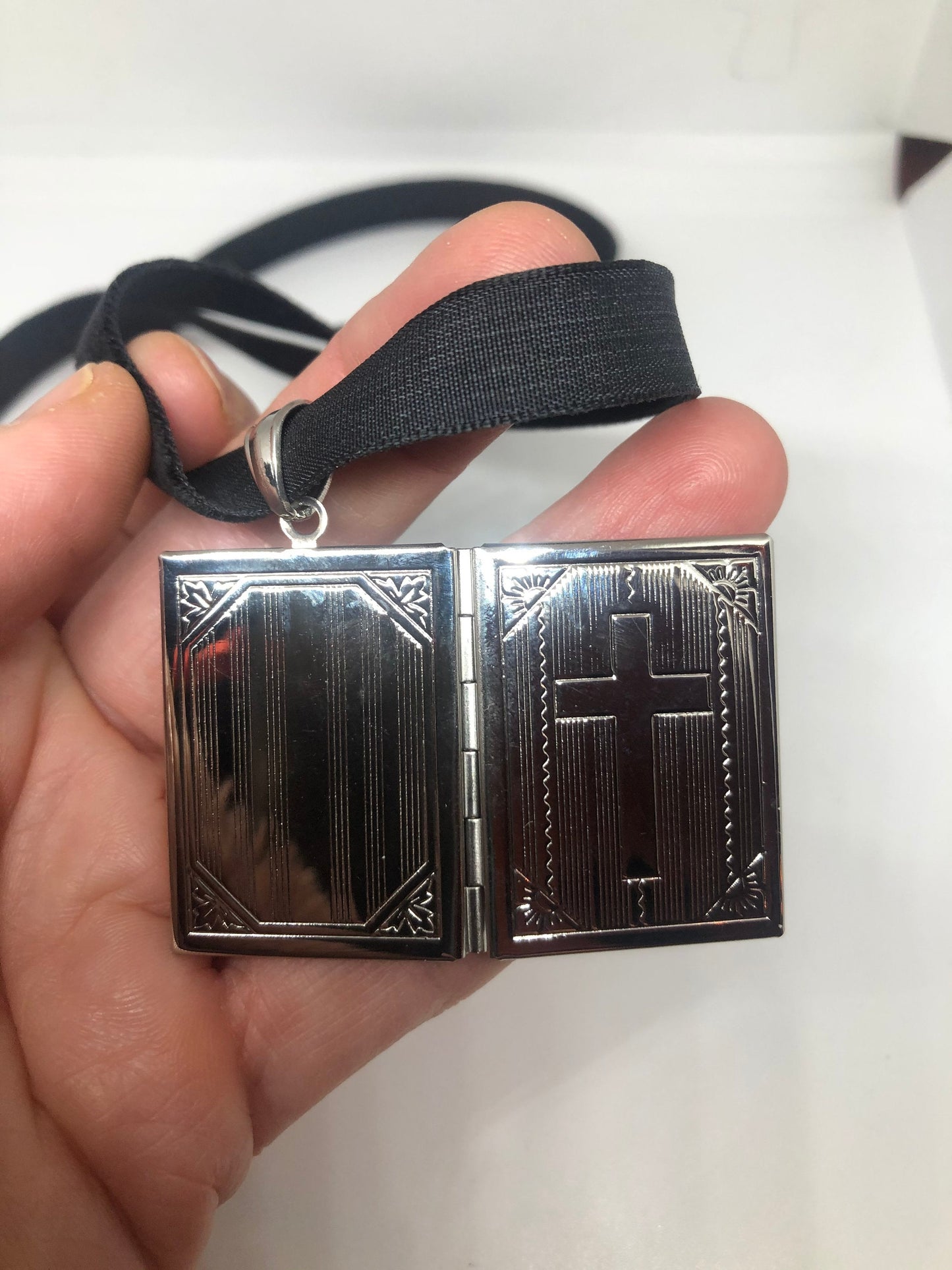 Vintage Cross Locket Choker Silver Stainless Steel Deco Etched Necklace