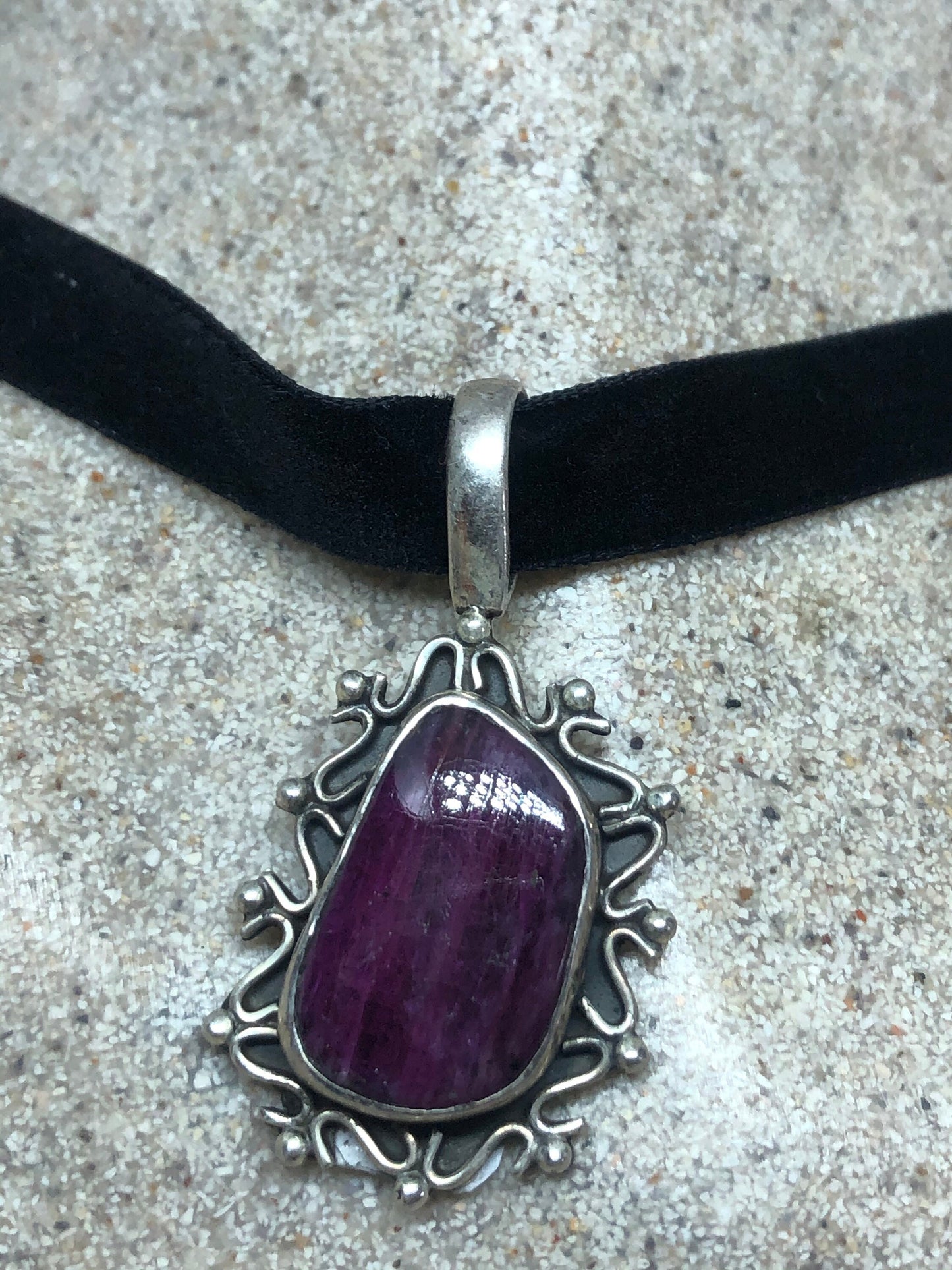 Vintage Pink Raw Ruby Choker 925 Sterling Silver Pendant Necklace