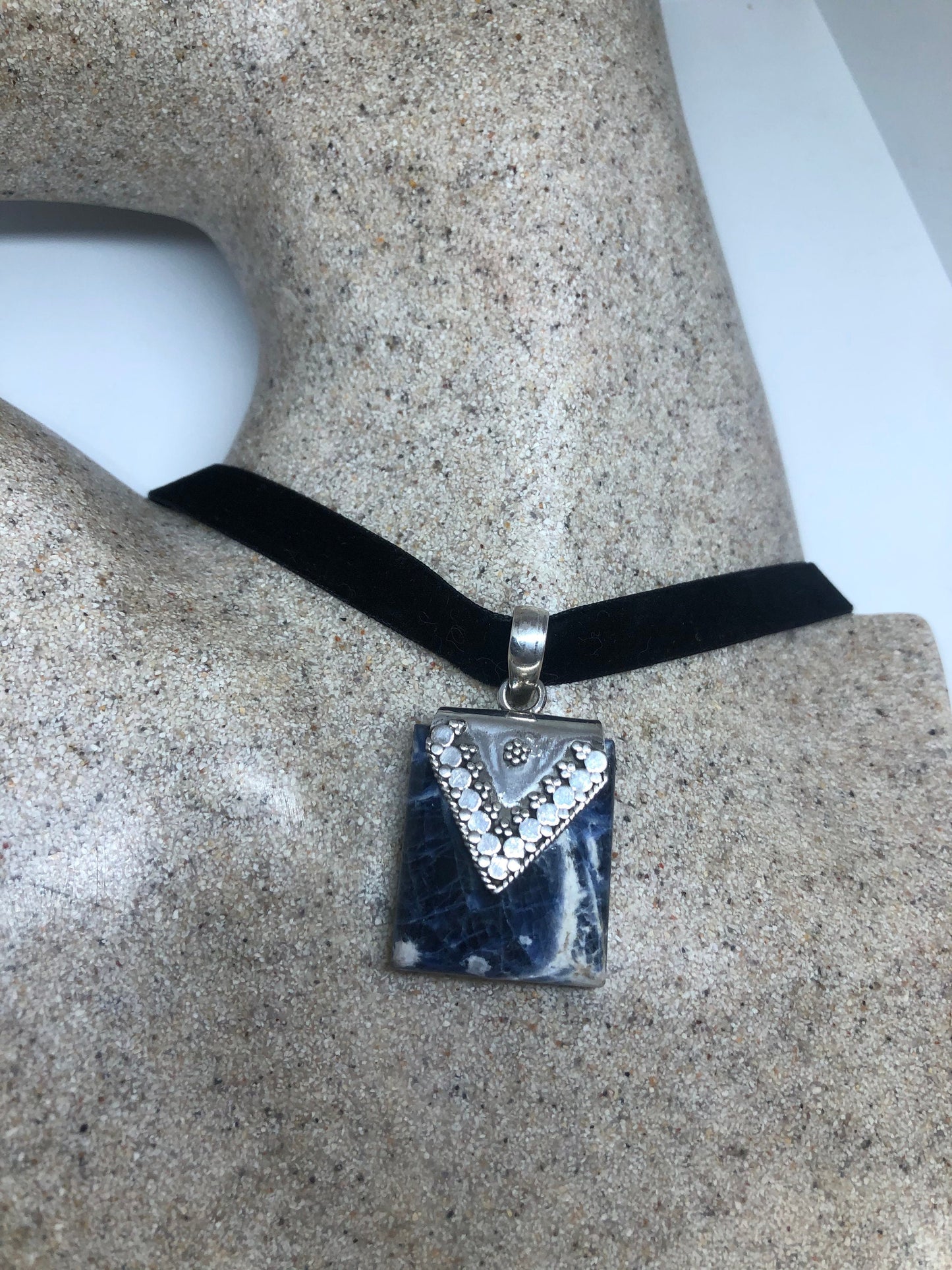 Vintage Blue Lapis Choker 925 Sterling Silver Pendant Necklace Tibet