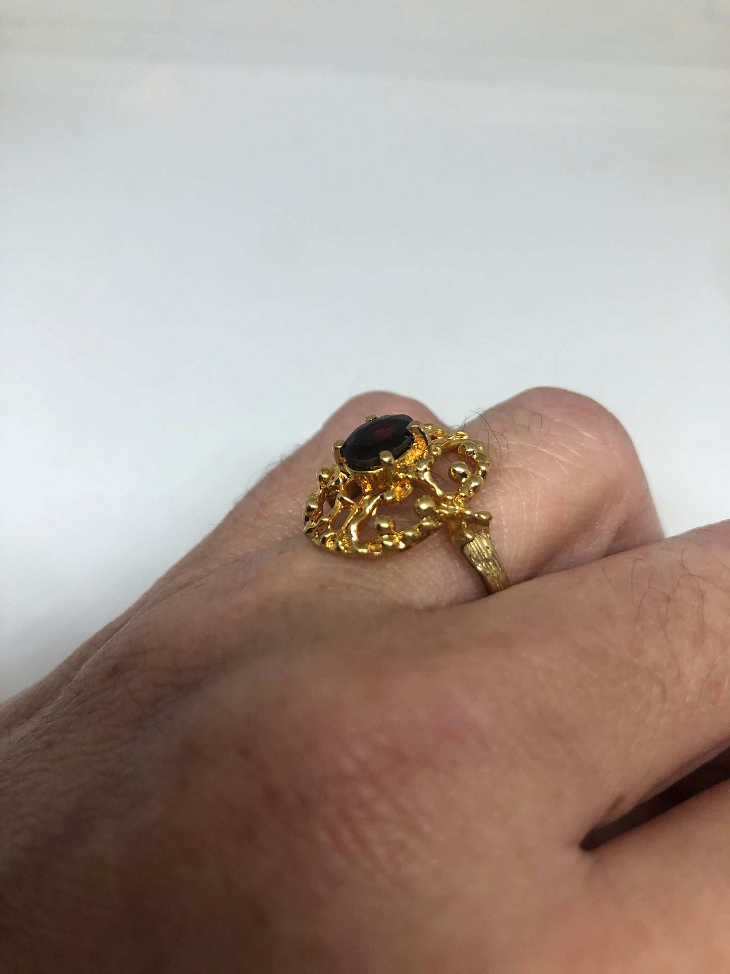 Vintage Red Bohemian Garnet Ring Golden 925 Sterling Silver Cocktail Statement