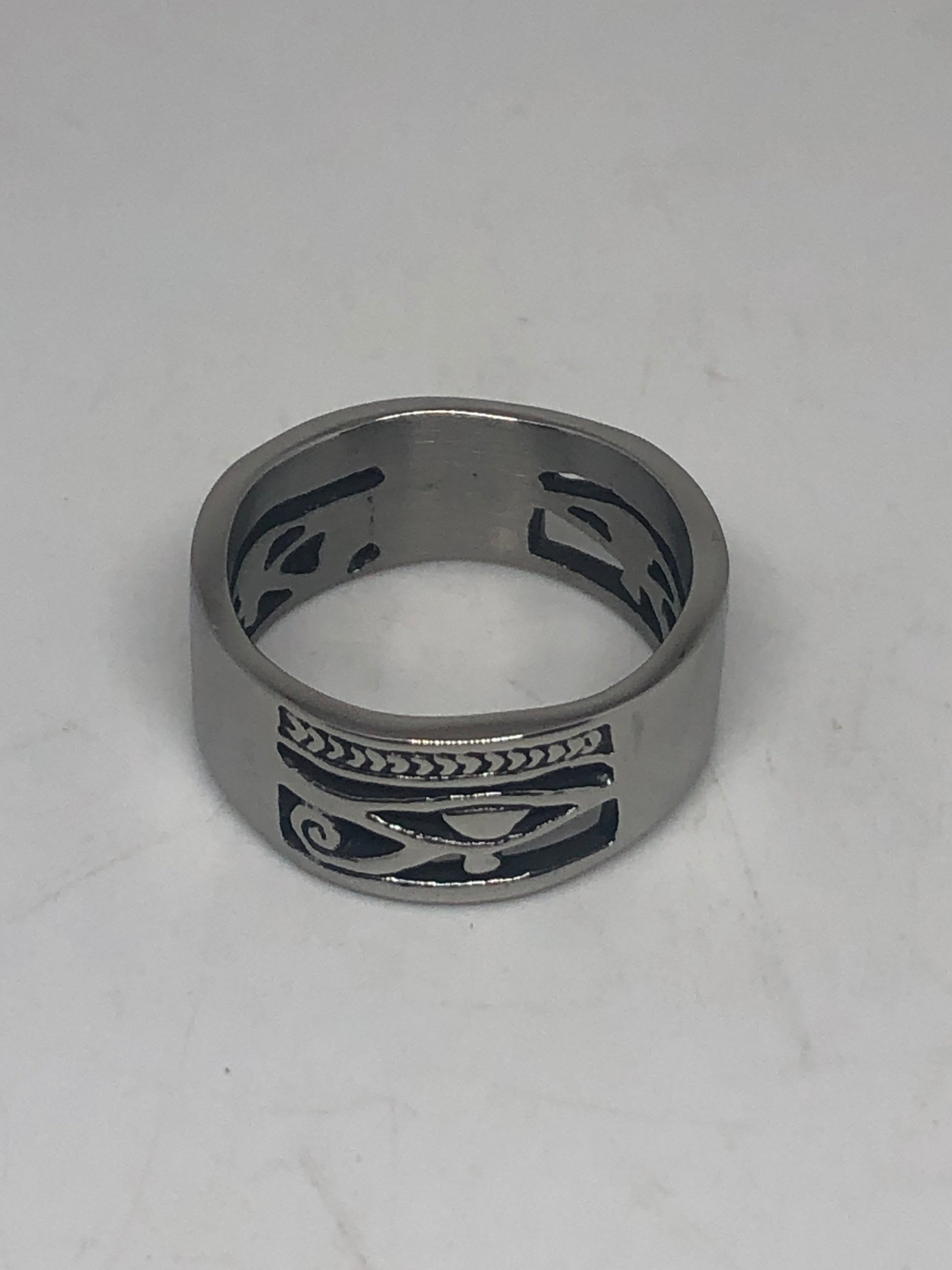 Vintage Silver Stainless Steel Egyptian Ankh Horus Eye Mens Ring