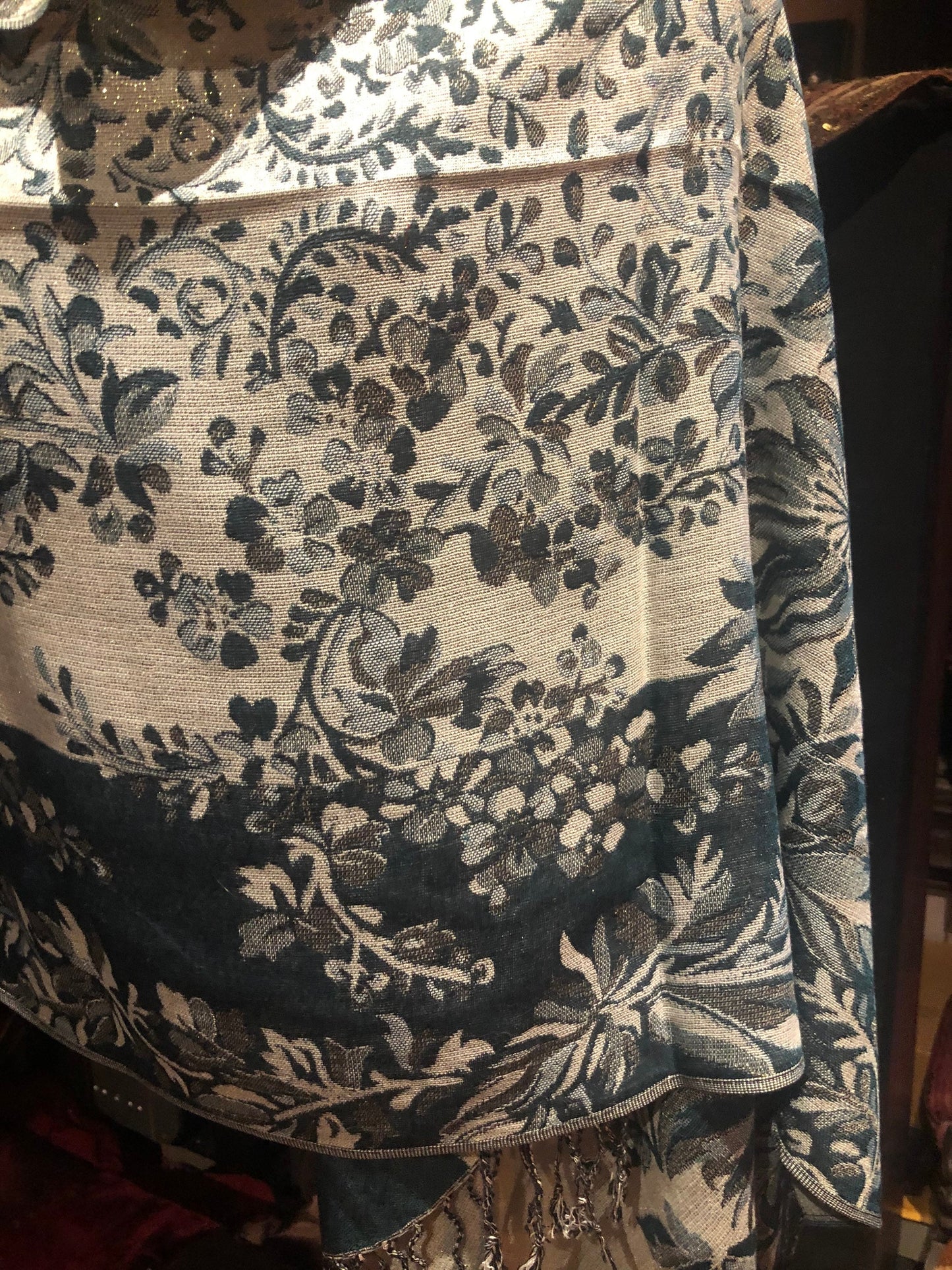 Vintage Teal Blue Pashmina Metallic Floral Brocade Scarf Wrap Shawl