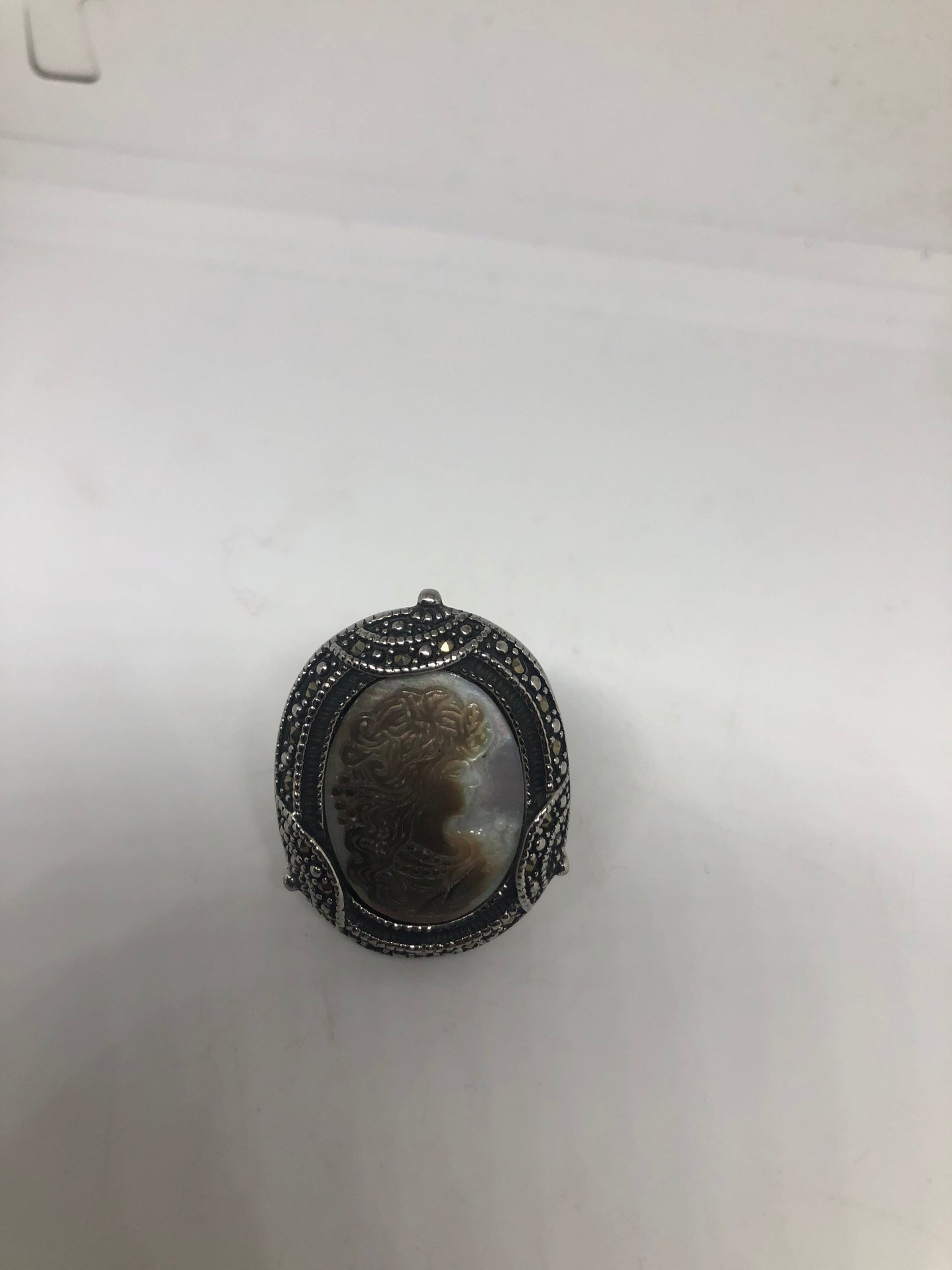 Antique White Mother of Pearl cameo Marcasite Filigree Ring