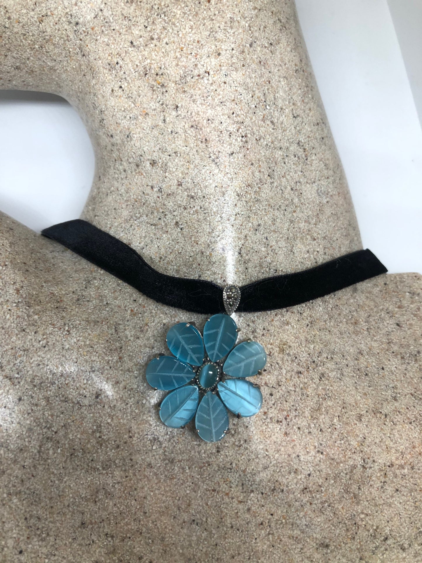 Vintage Blue Lab Cats Eye Choker 925 Sterling Silver Necklace