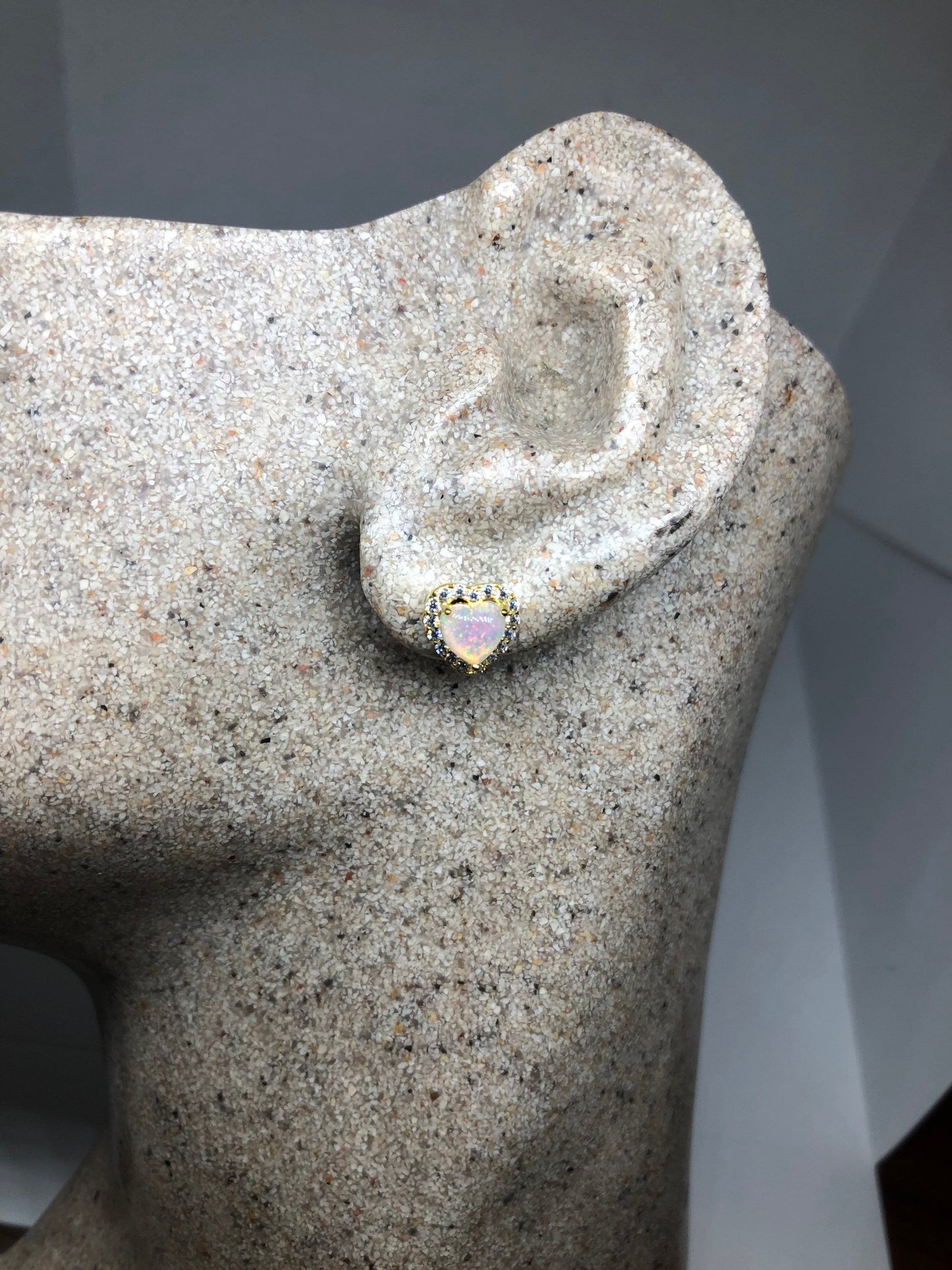 Vintage White Opal HEart Earrings Golden 925 Sterling Silver Stud Button