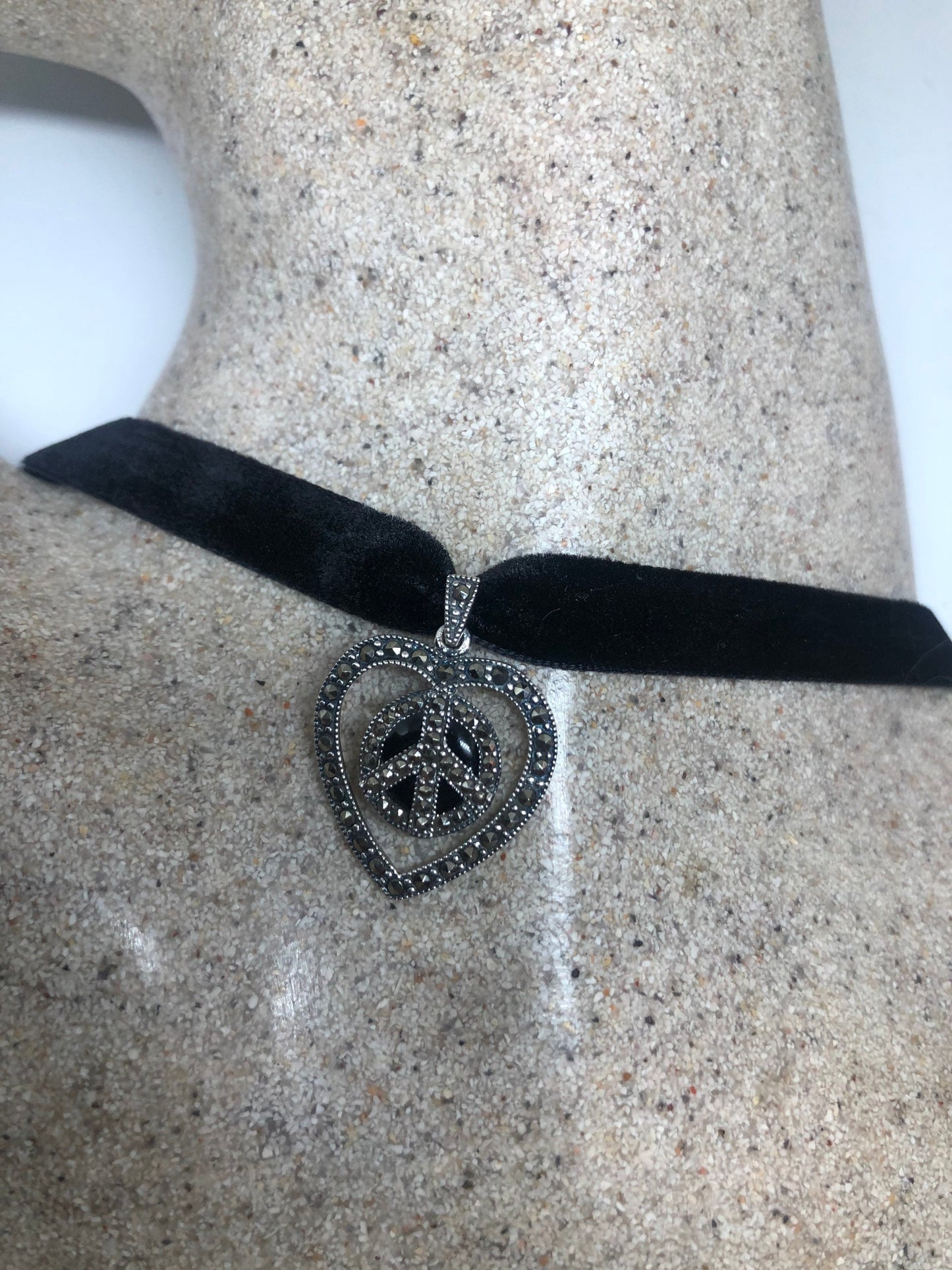 Vintage Peace Heart Sterling Silver Marcasite Black Onyx Pendant