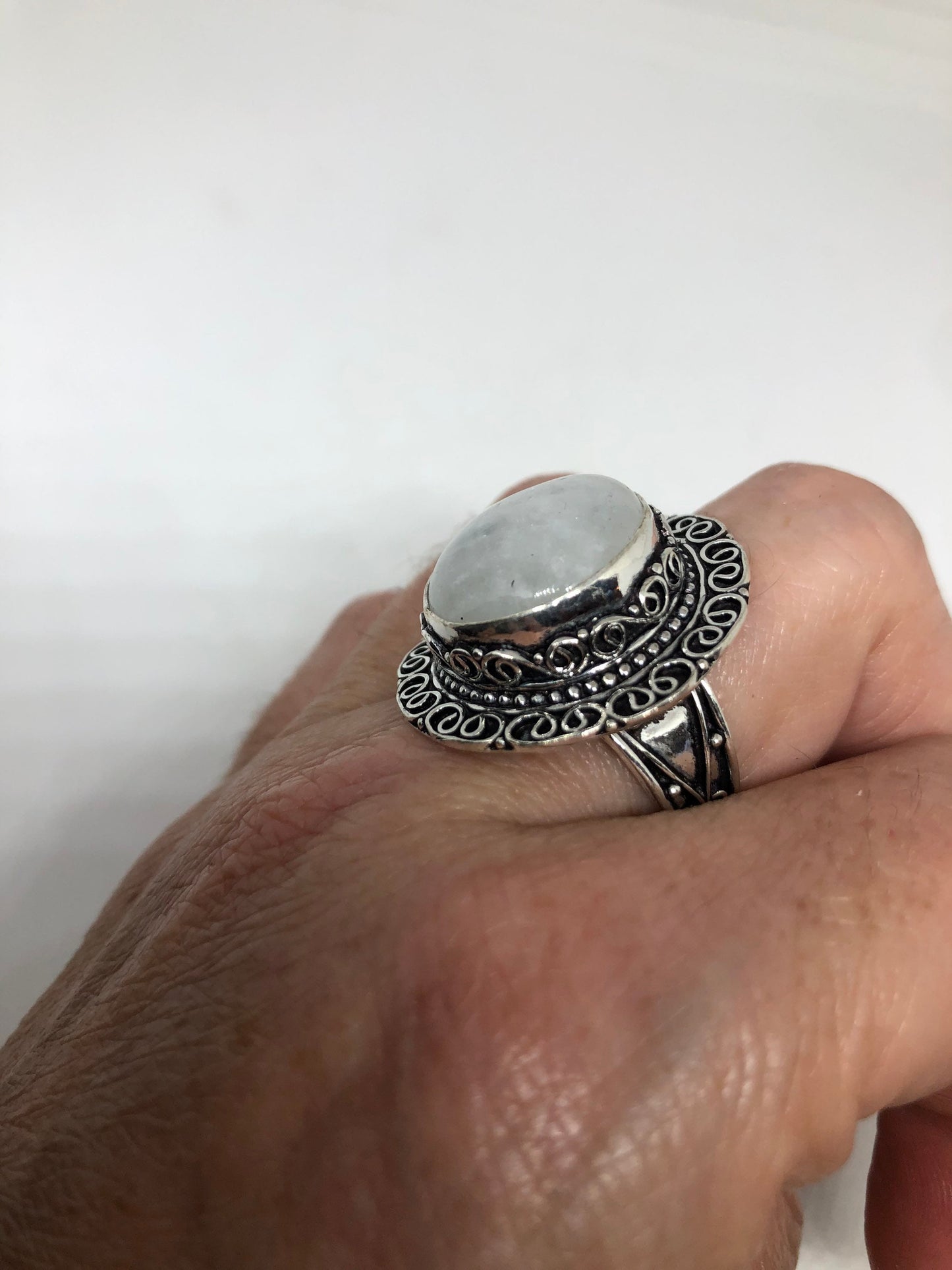 Vintage Blue White Rainbow Moonstone Silver Cocktail Statement Ring