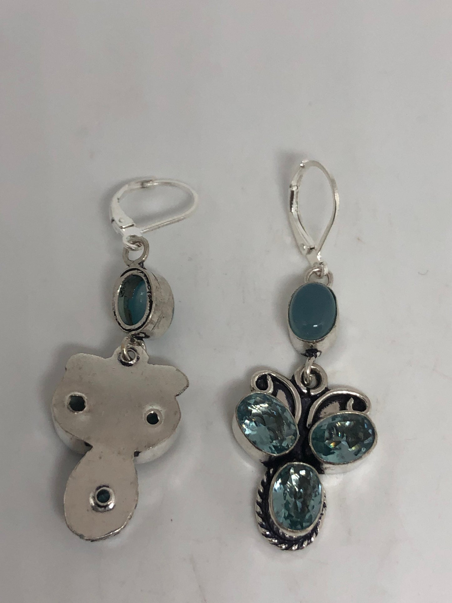 Vintage Blue Chalcedony Silver Dangle Earrings | Antique Style