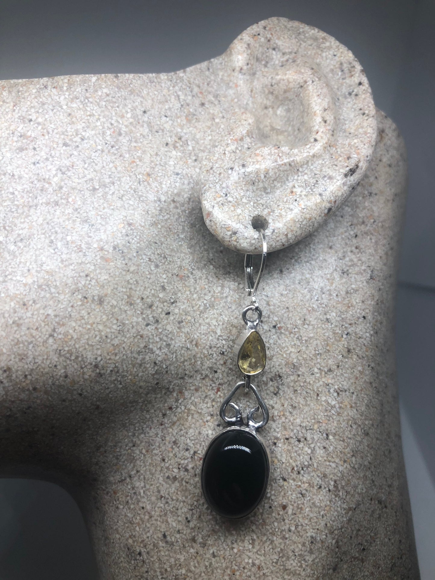 Vintage Black Onyx Sterling Silver Dangle Earrings | Antique Deco Style