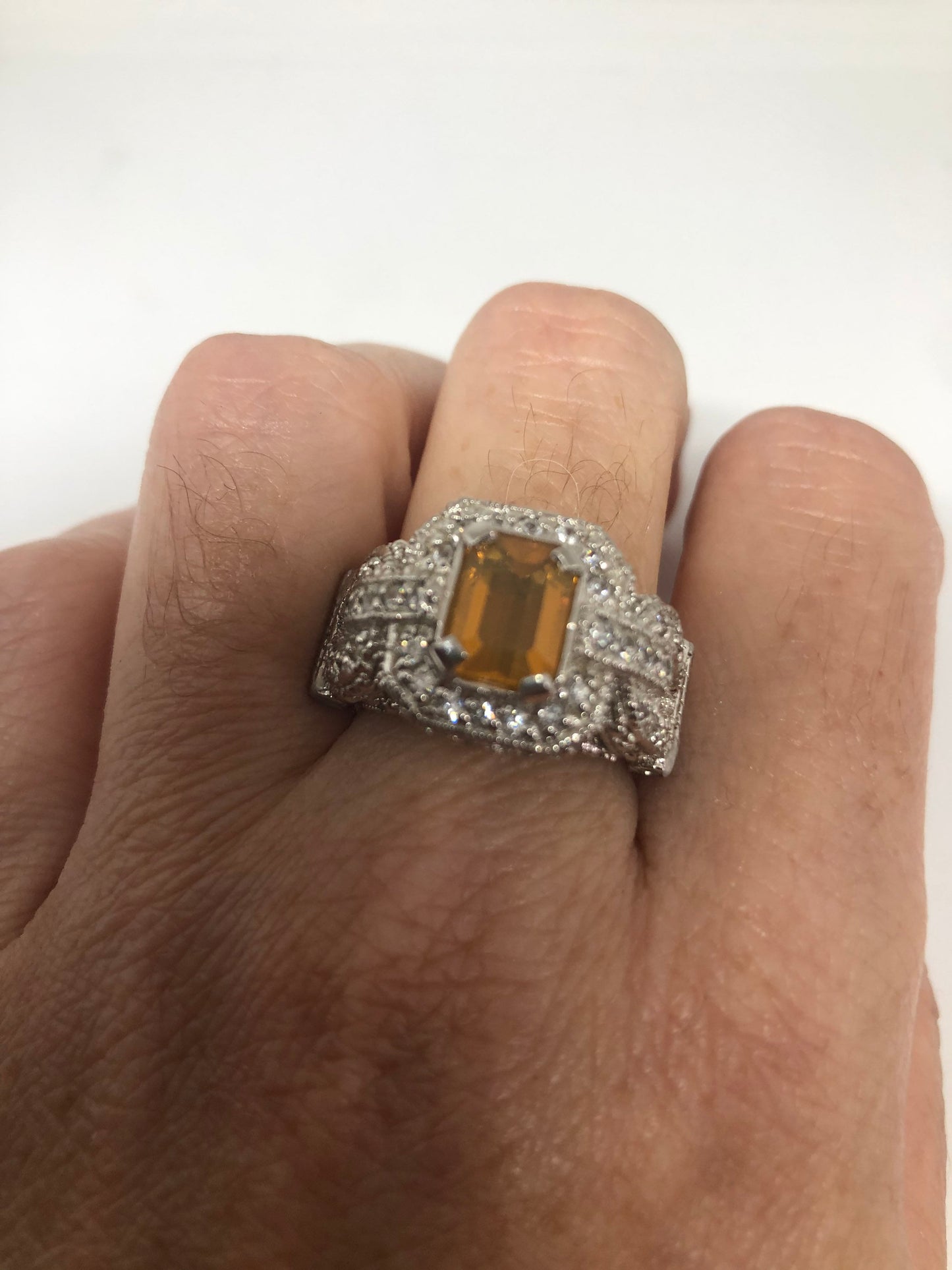 Vintage Fire Opal Ring White Sapphire 925 Sterling Silver Cocktail