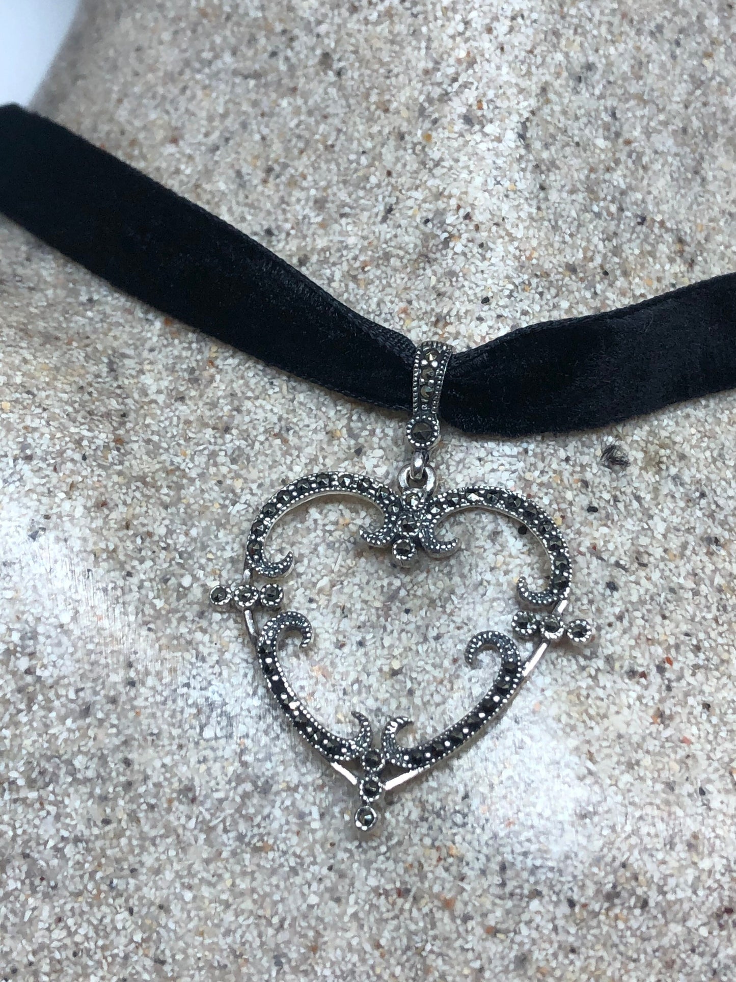 Vintage Heart Choker Sterling Silver Marcasite Pendant
