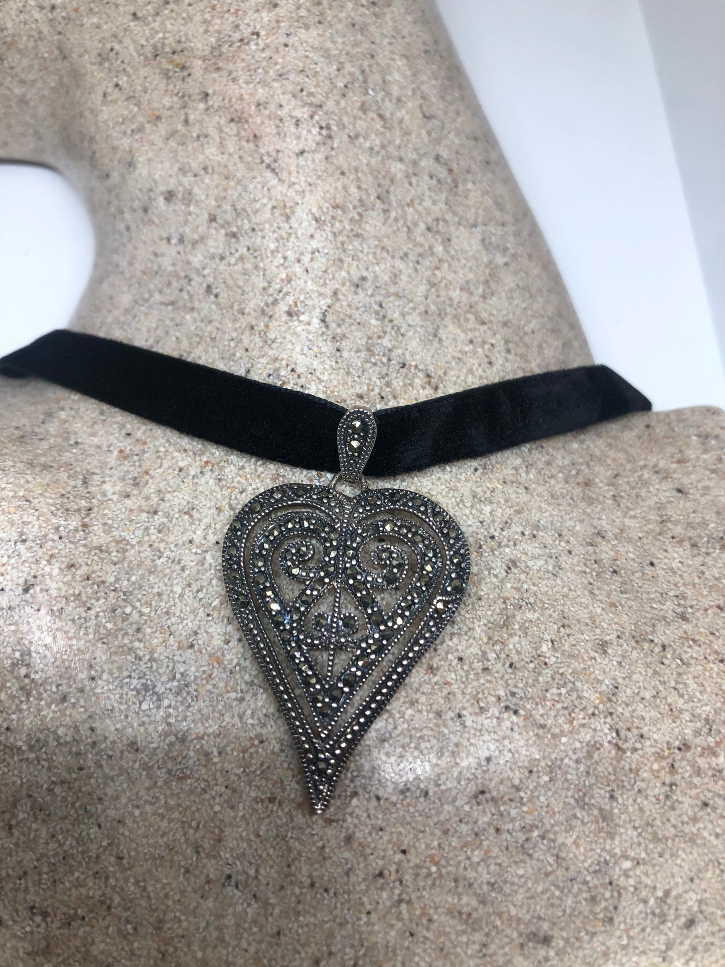 Vintage Heart Choker Sterling Silver Marcasite Pendant