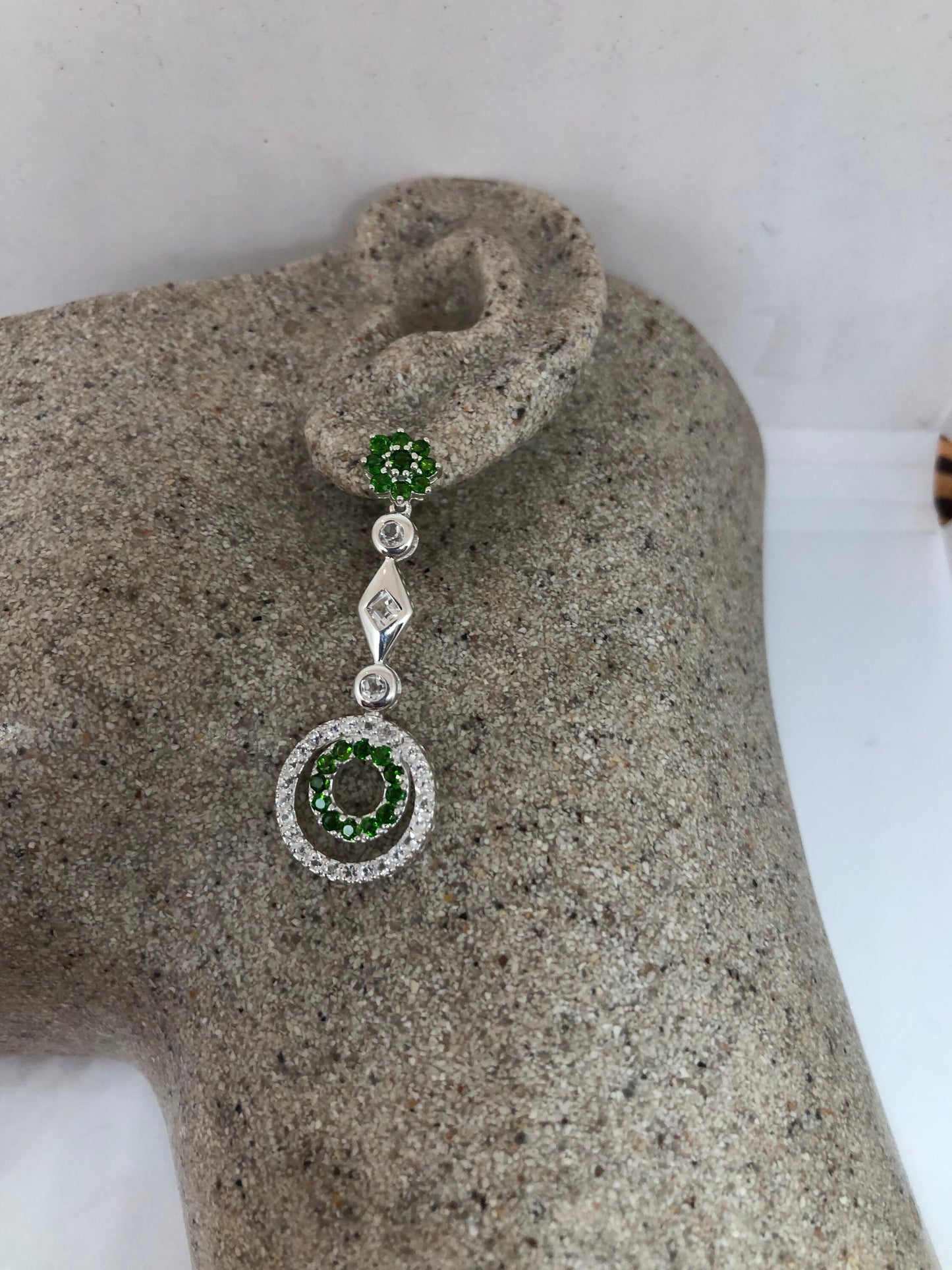 Vintage 925 Sterling Silver Chrome Diopside White Sapphire Chandelier Earrings