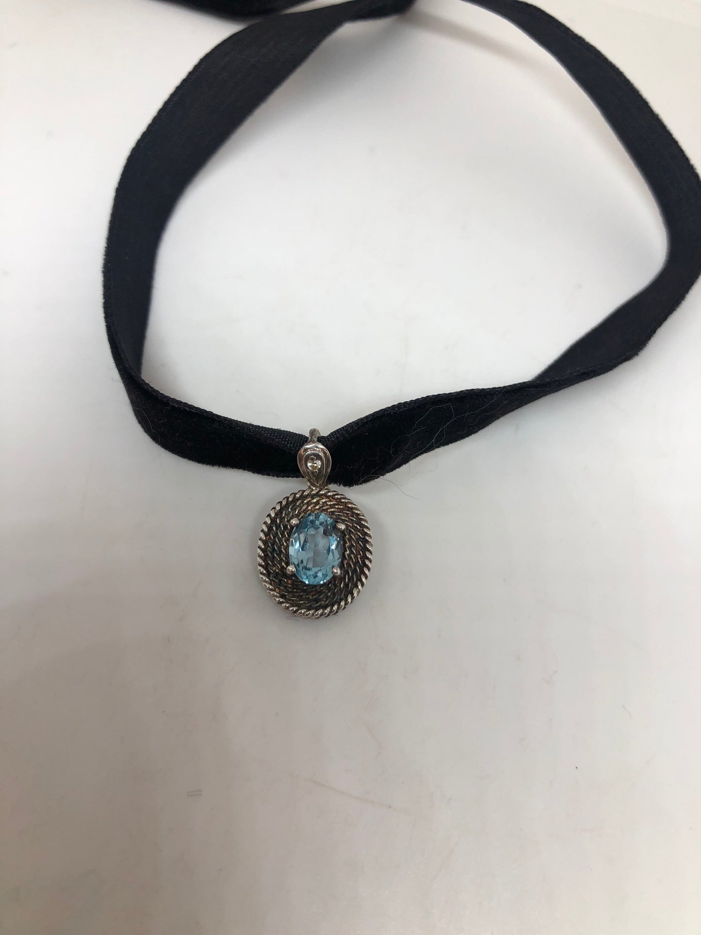 Vintage Blue Topaz Choker 925 Sterling Silver Necklace Pendant