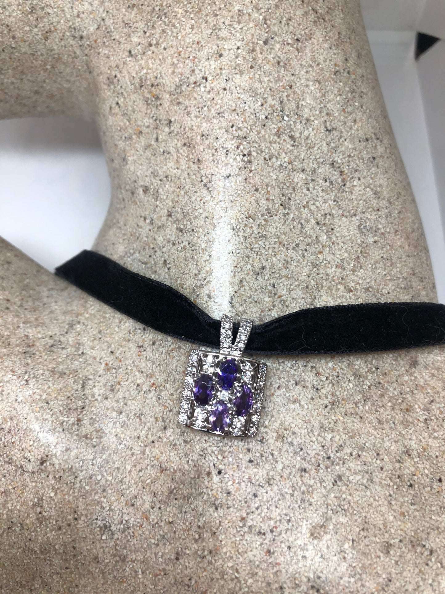 Vintage Purple Amethyst Choker 925 Sterling Silver Pendant