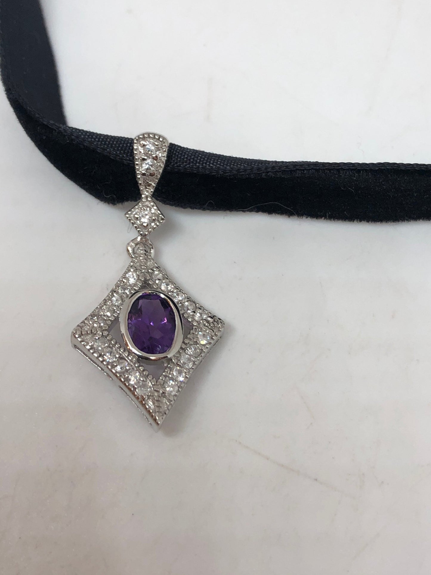 Vintage Purple Amethyst Choker 925 Sterling Silver Pendant