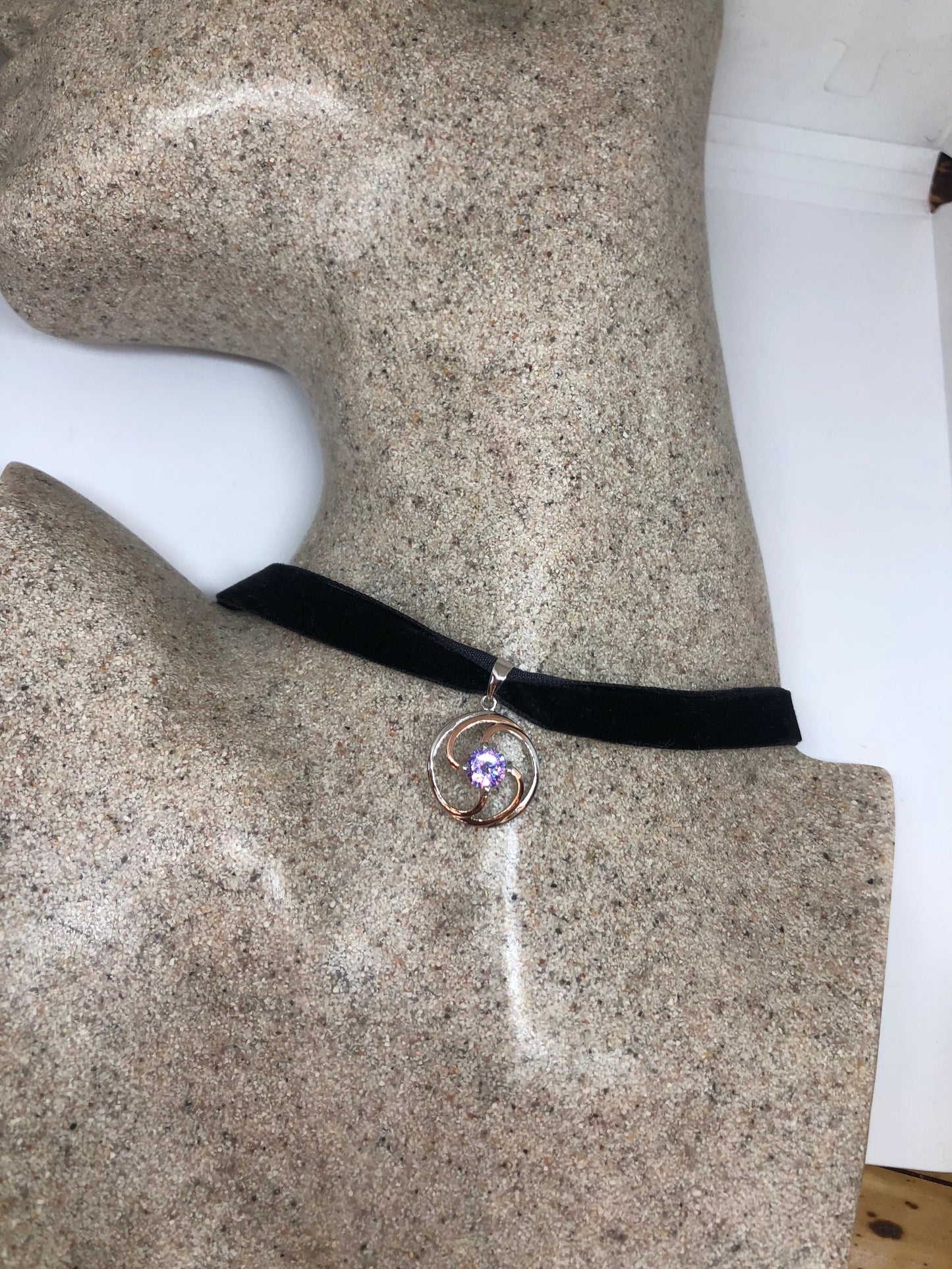 Vintage Purple Amethyst Choker 925 Sterling Silver Pendant
