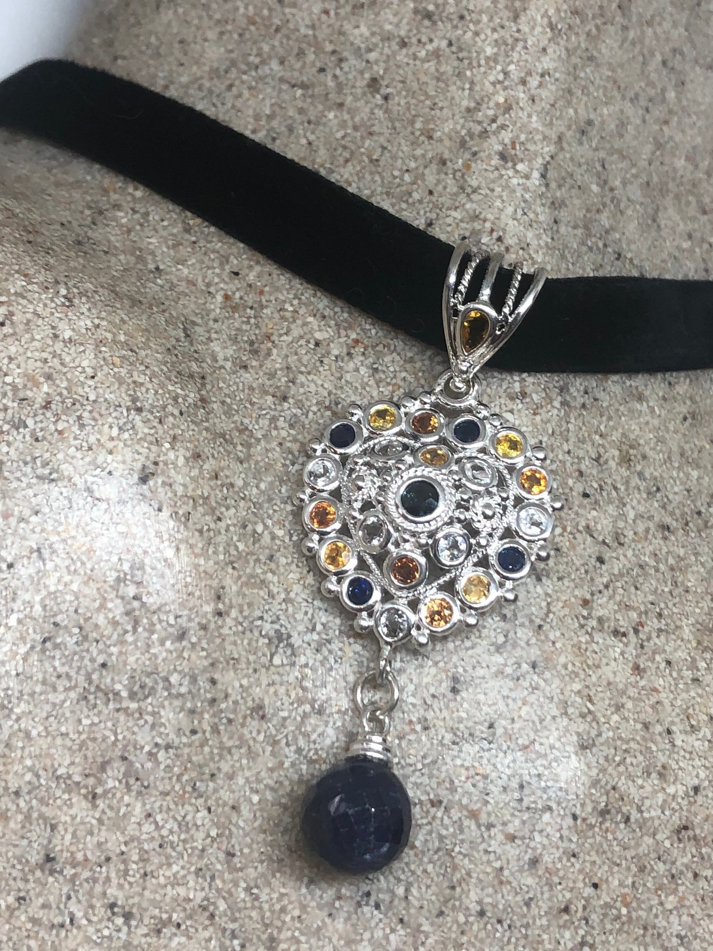 Vintage Blue Sapphire Citrine Heart Choker Antique 925 Sterling Silver Necklace