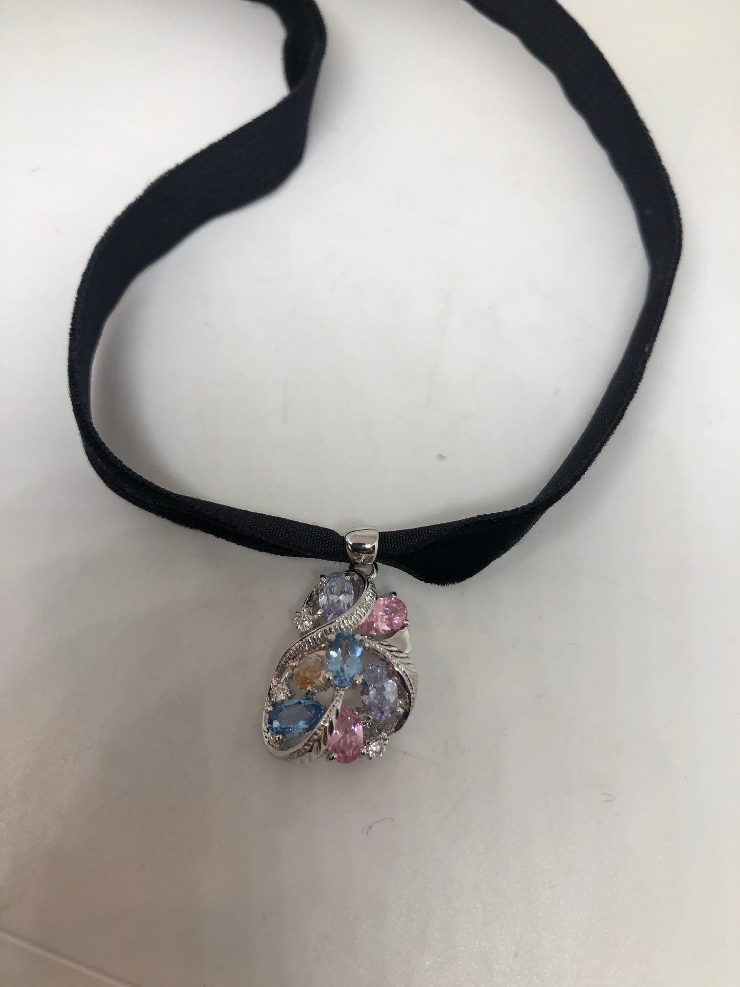 Vintage Pastel CZ Choker Sterling Silver Pendant Necklace