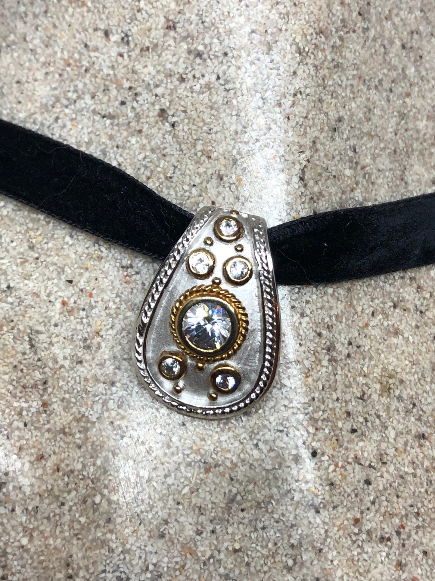 Vintage Cubic Zirconia Choker Gold 925 Sterling Silver Deco Pendant Necklace