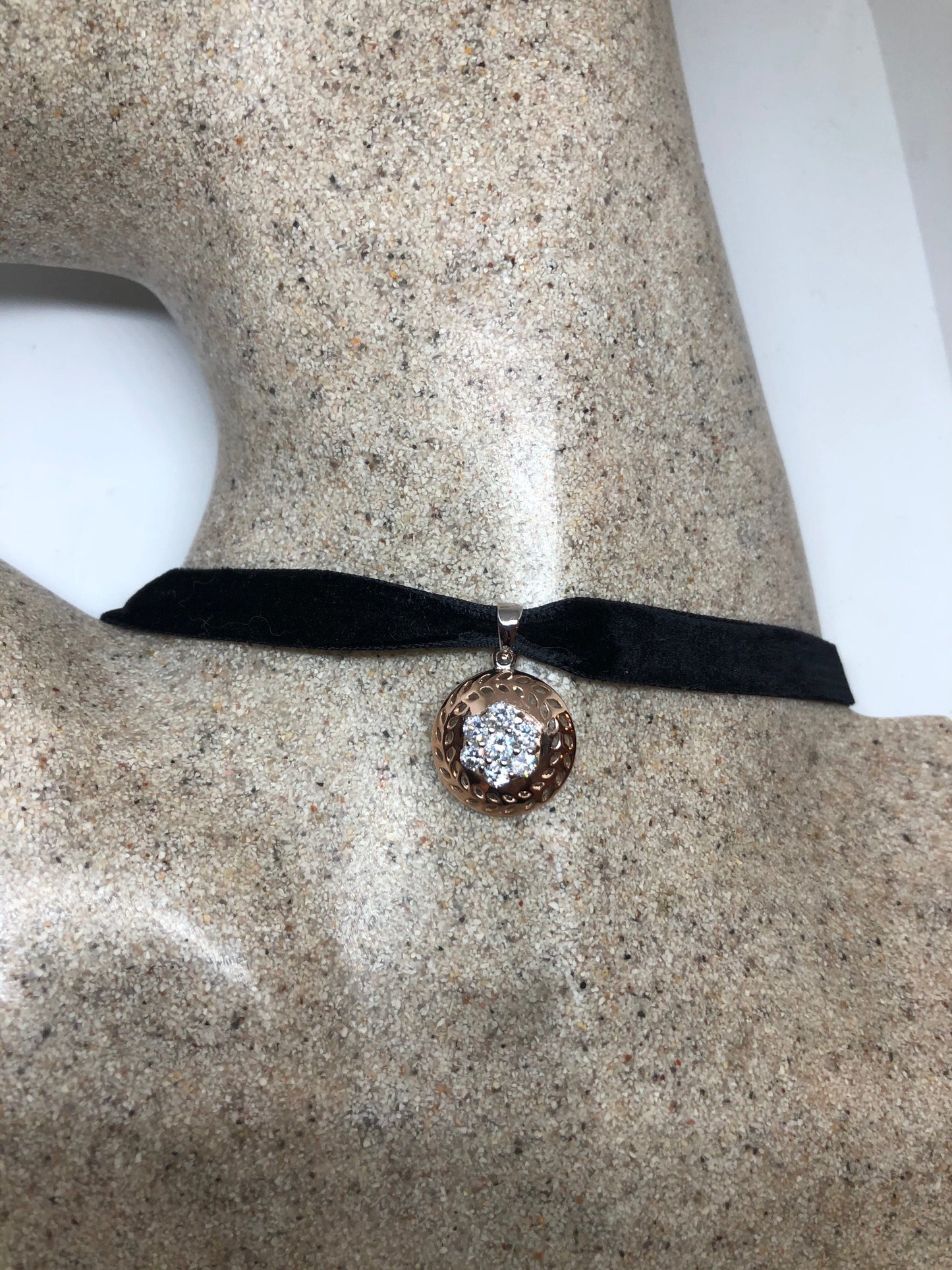 Vintage Cubic Zirconia Choker Gold 925 Sterling Silver Deco Pendant Necklace