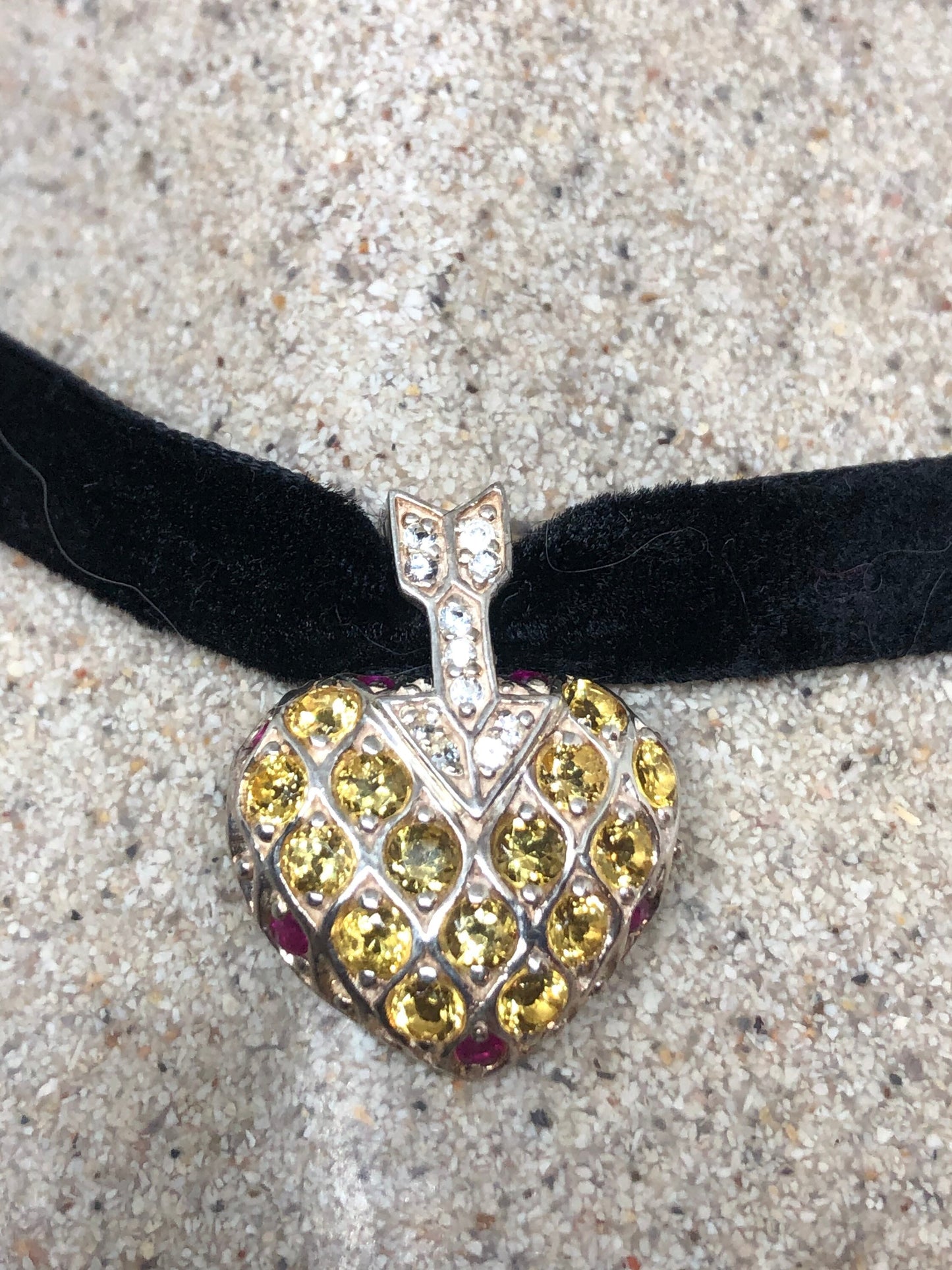 Vintage Golden Citrine Heart Pendant 925 Sterling Silver Choker Necklace