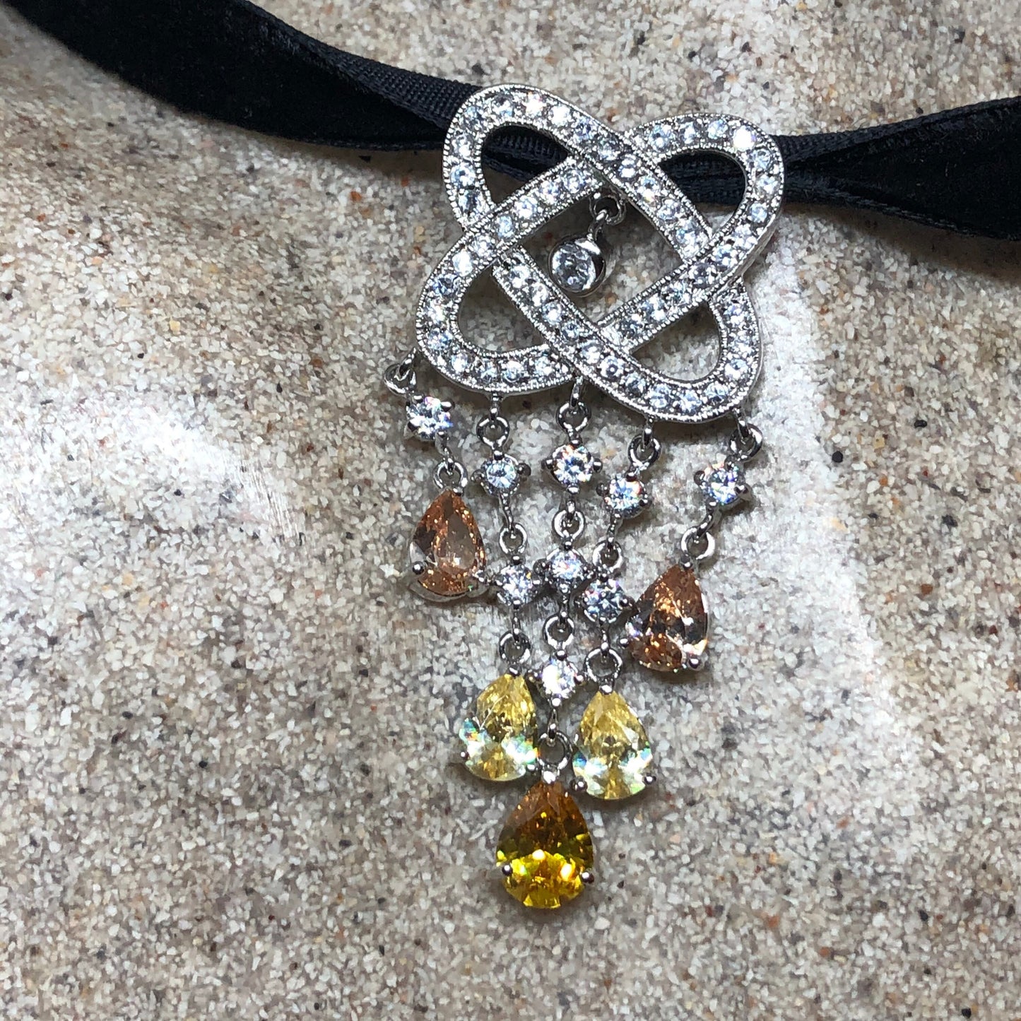 Vintage Golden Citrine White Sapphire Pendant 925 Sterling Silver Choker Necklace