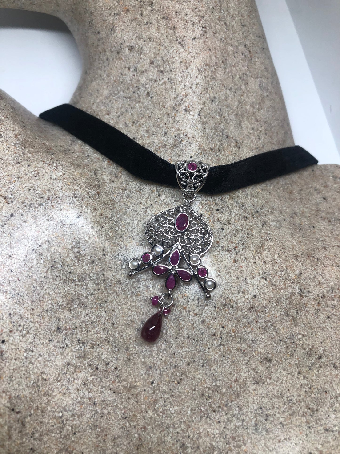 Vintage Ruby Choker 925 Sterling Silver Pearl Antique Pendant Necklace