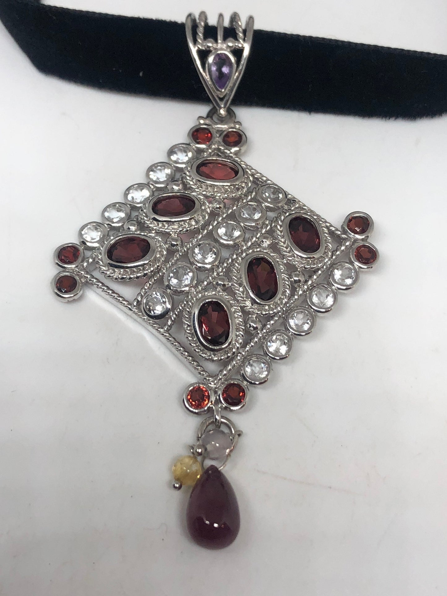 Vintage Bohemian Garnet Choker 925 Sterling Silver Pendant Necklace
