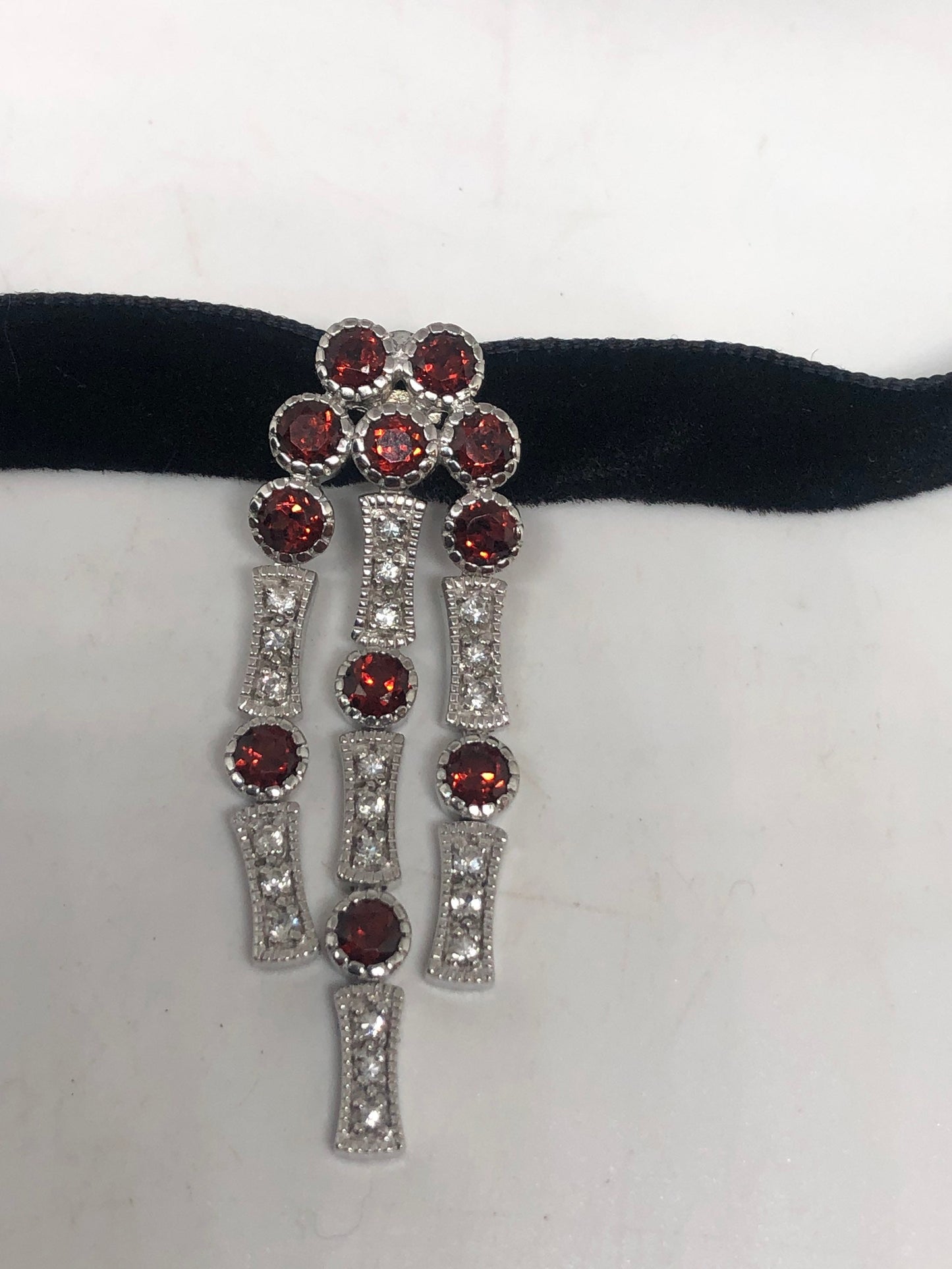 Vintage Bohemian Garnet Deco Choker 925 Sterling Silver Pendant Necklace