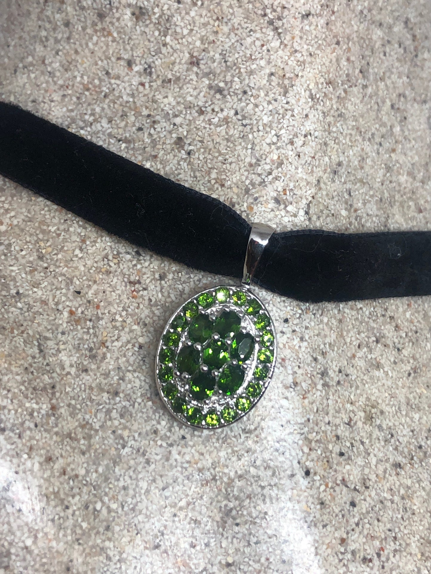 Vintage Green Choker Deco Chrome Diopside 925 Sterling Silver Pendant Necklace